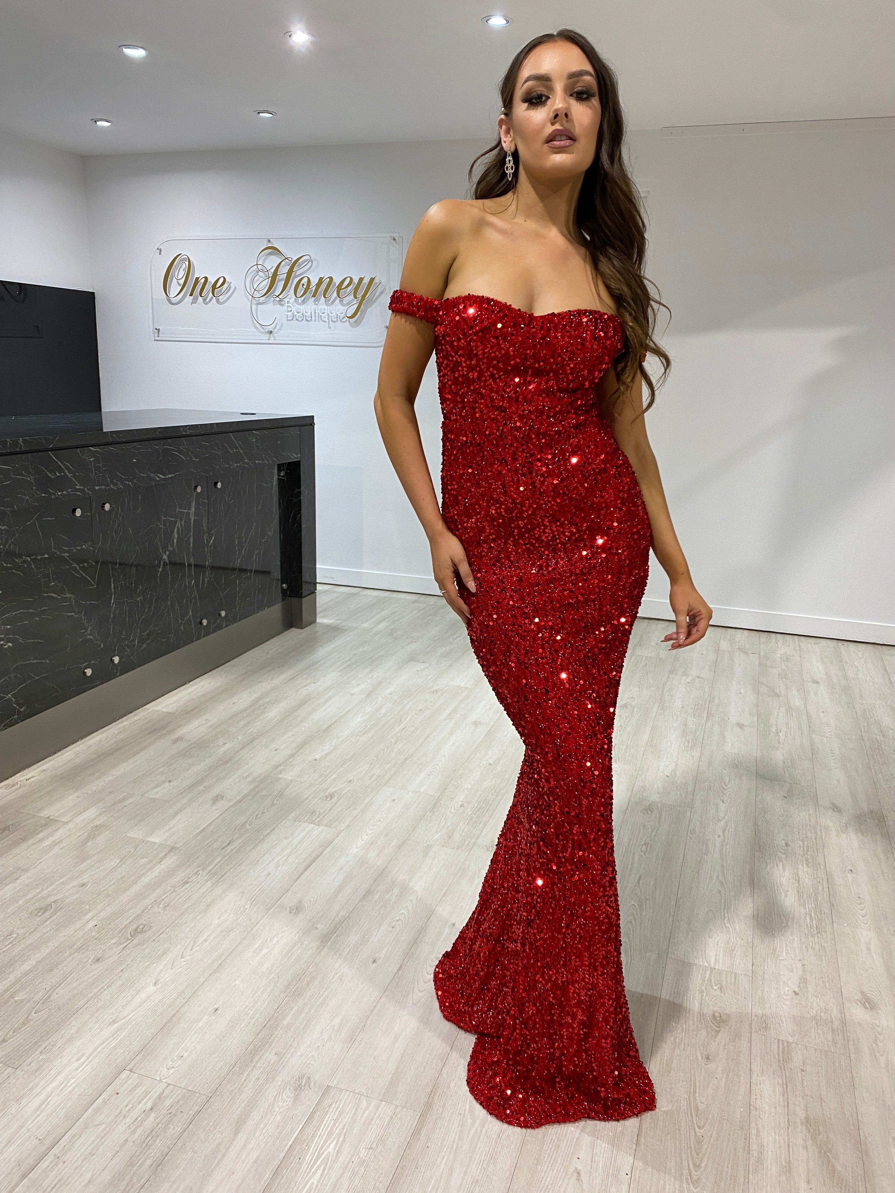 Honey Couture BLAIR Red Sequin Off Shoulder Formal Gala Dress
