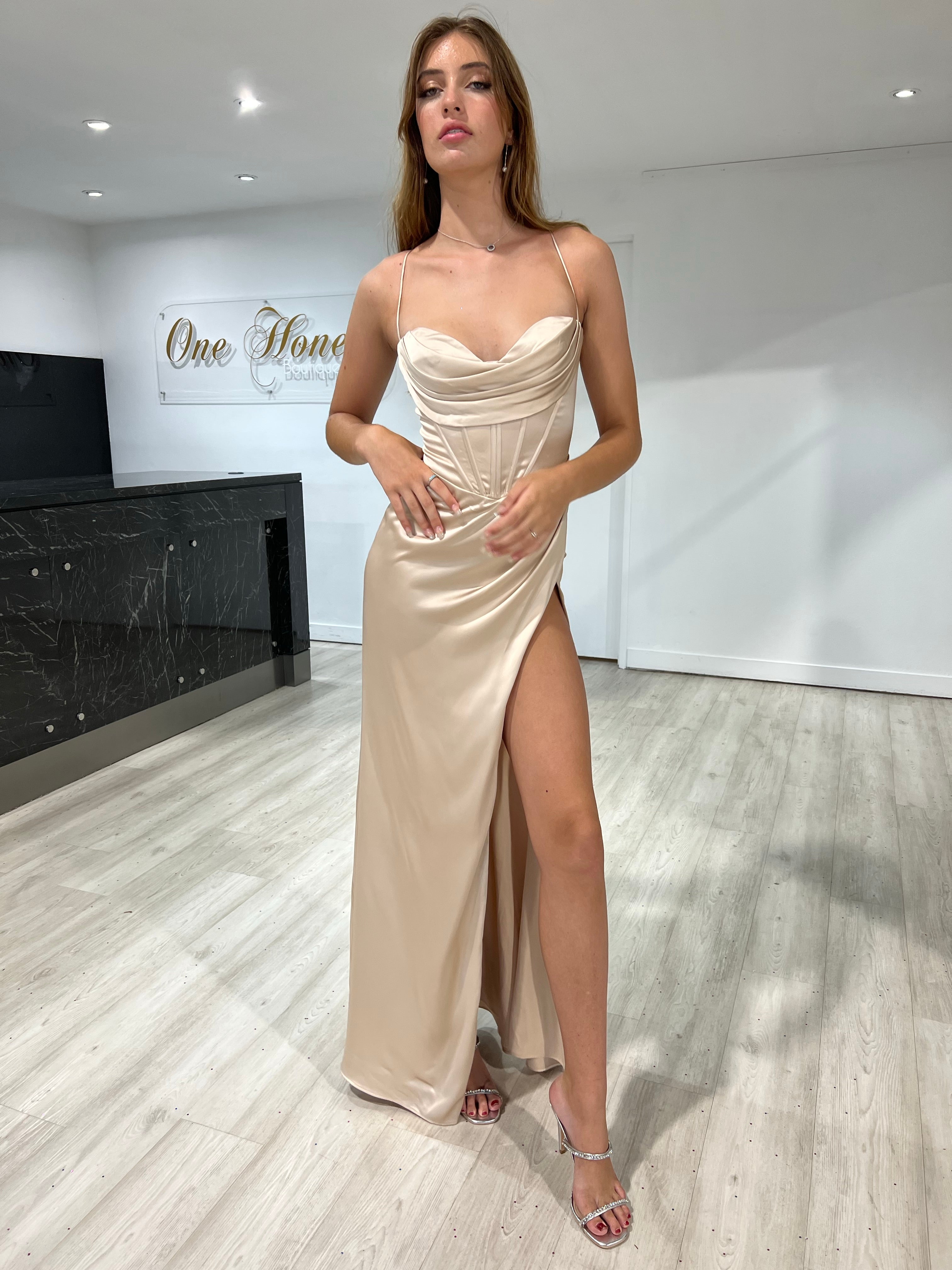 Honey Couture ZENDAYA Champagne Satin Corset Bustier Leg Split Formal Dress