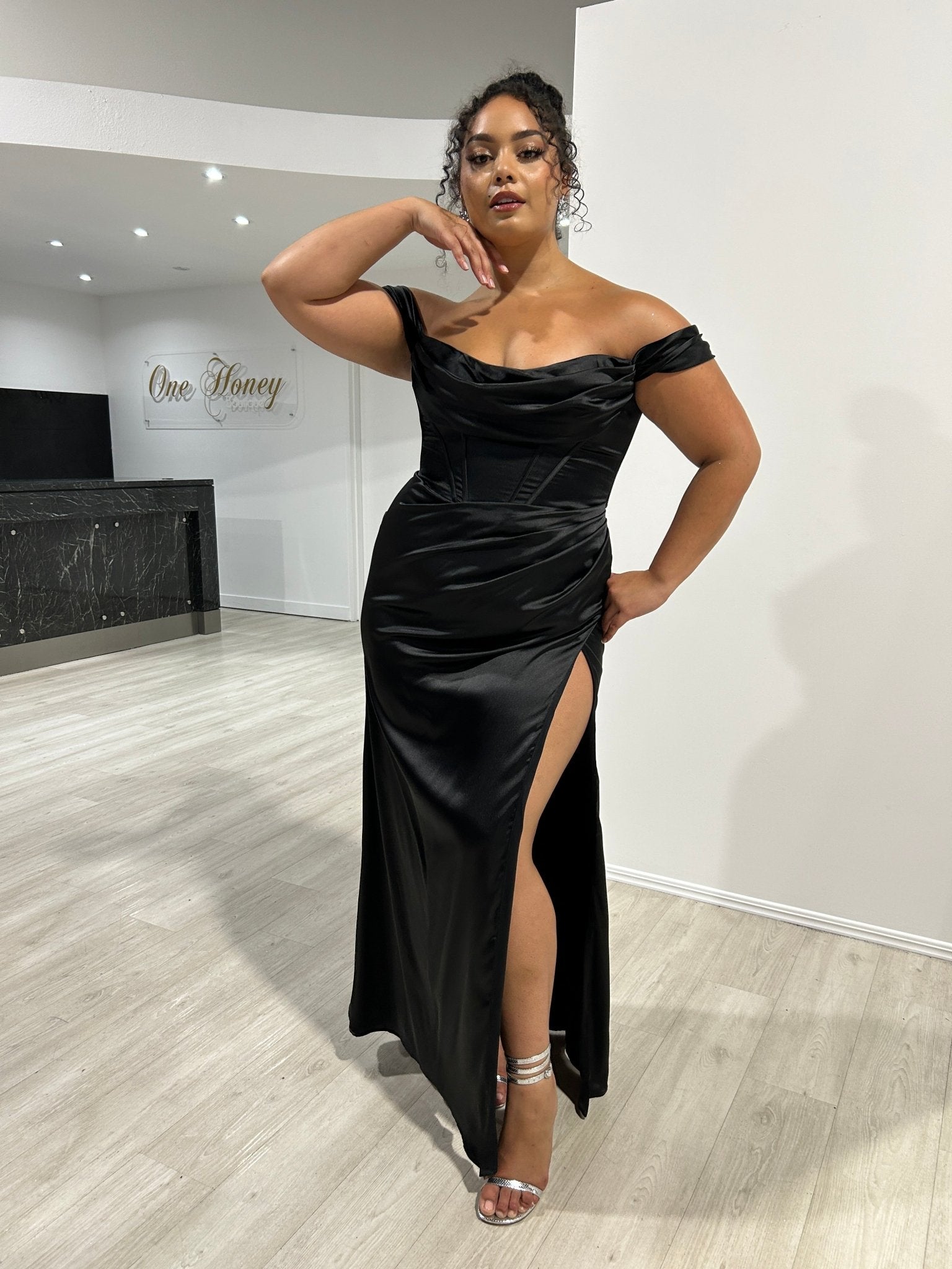 CECE Curve Satin Off The Shoulder Corset Bustier Bridesmaid Formal Dress in Australia | One Honey Boutique