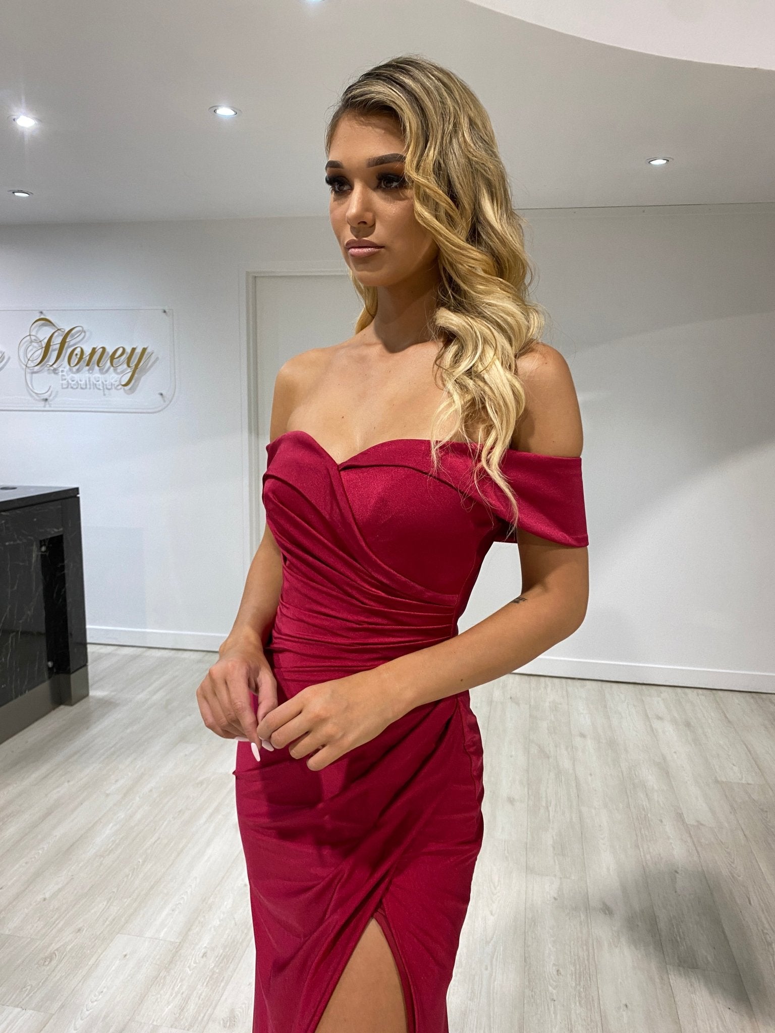 LAILA Off Shoulder Silky Bridesmaid Semi Formal Dress in Australia | One Honey Boutique