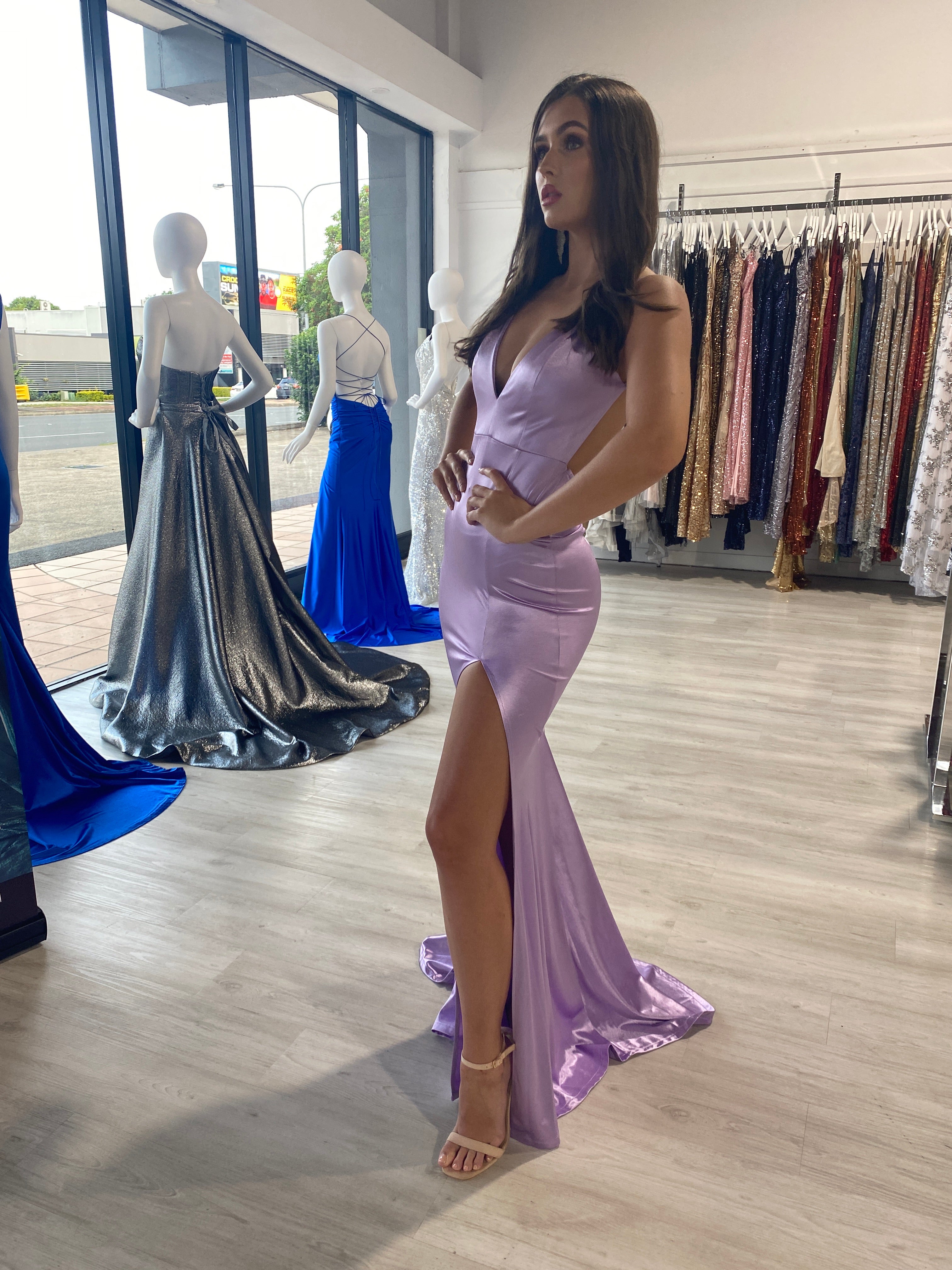 Honey Couture MILEE Lilac Purple Low Back Mermaid Dress w Leg Split