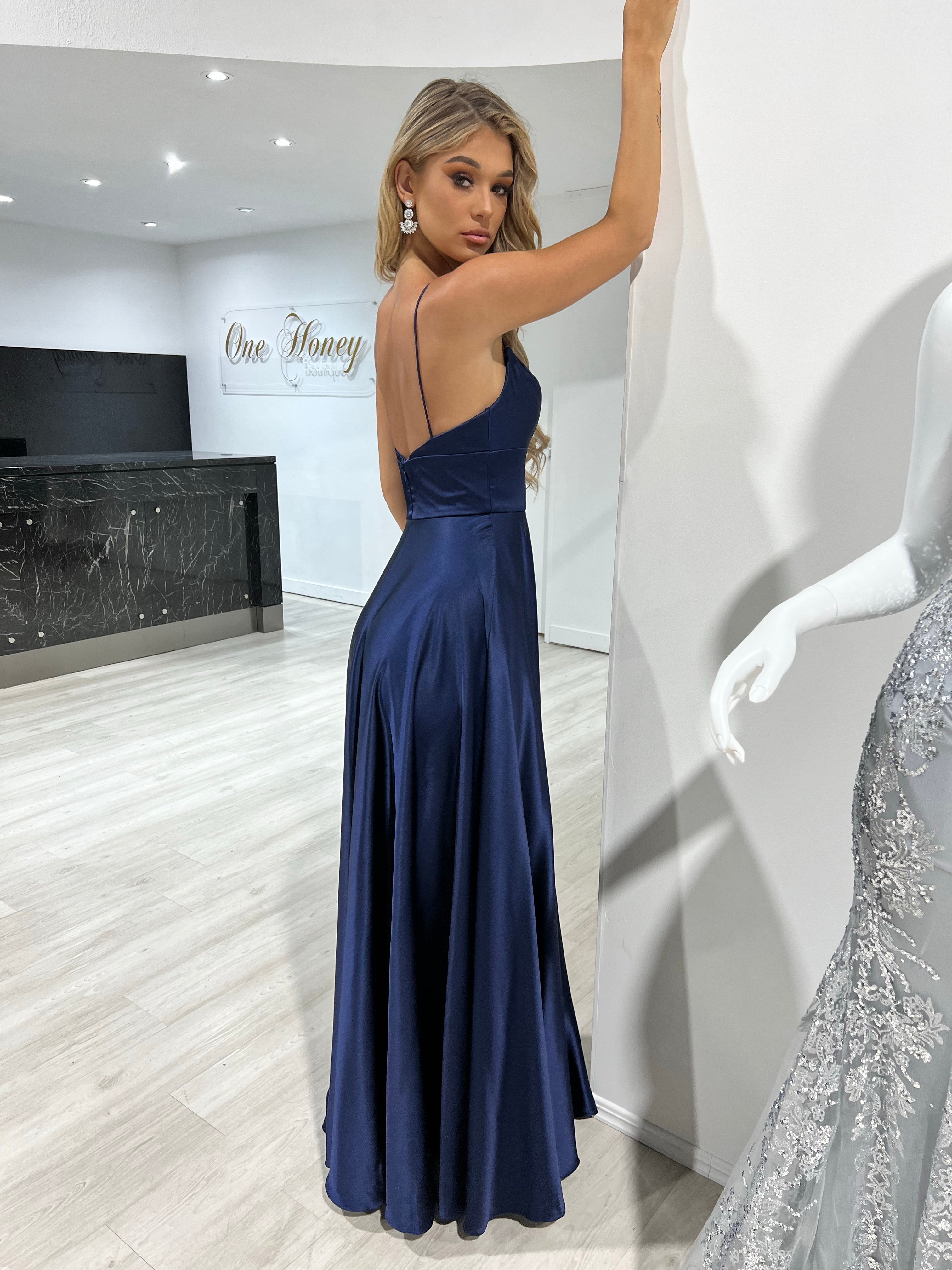 Honey Couture KAY Navy Blue Silky A Line Formal Dress
