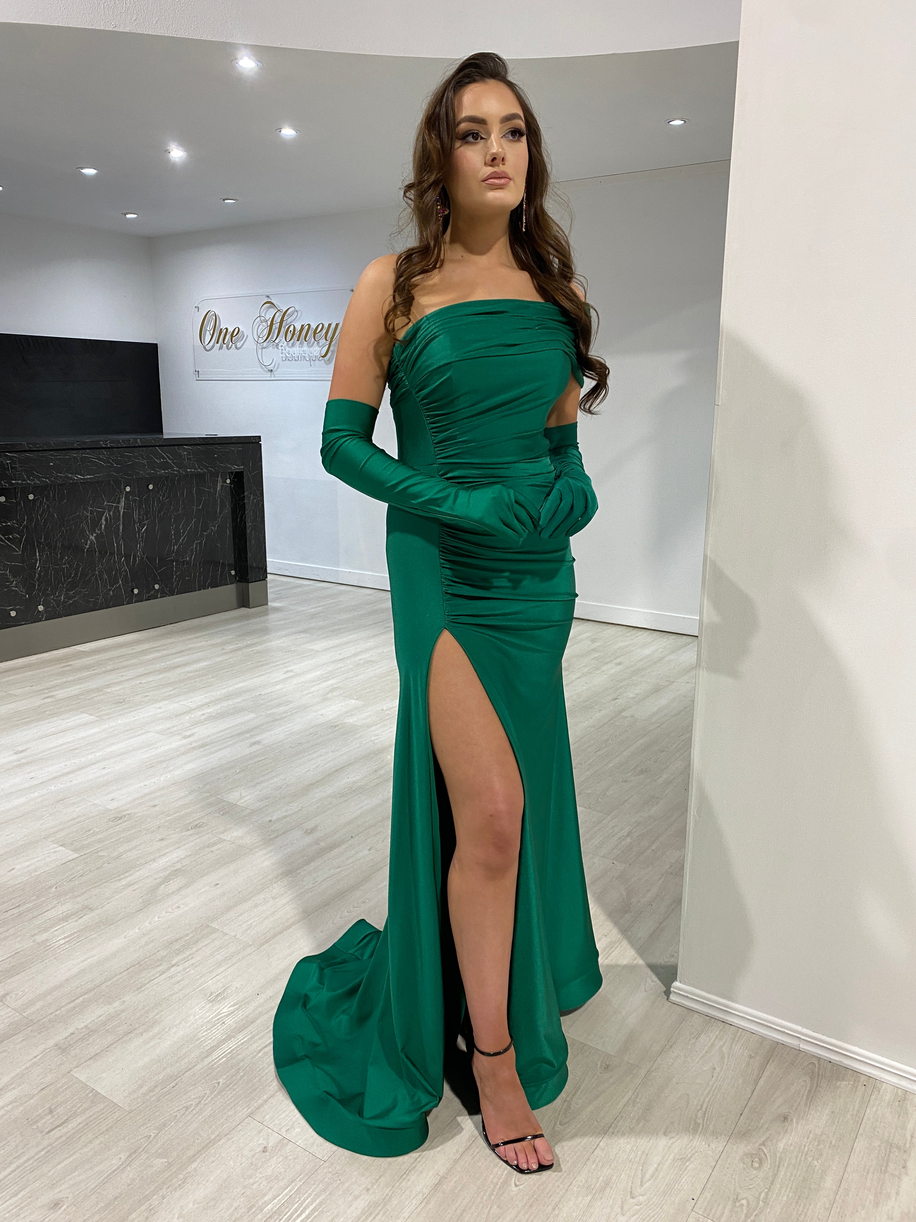 Honey Couture BALENCI-USSY Emerald Green Mermaid Formal Dress w Gloves