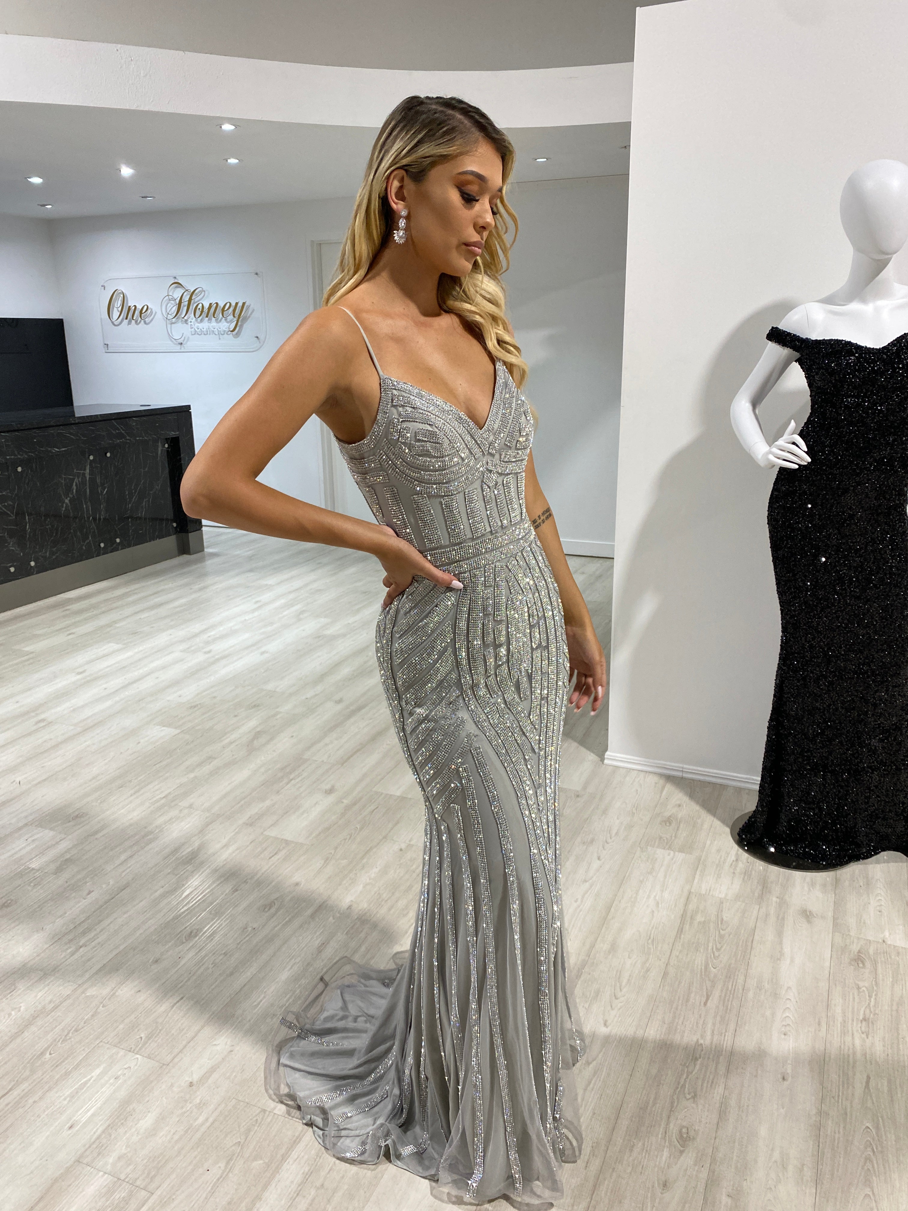 Honey Couture DIAMONDS Grey Sequin Mermaid Formal Gown Dress