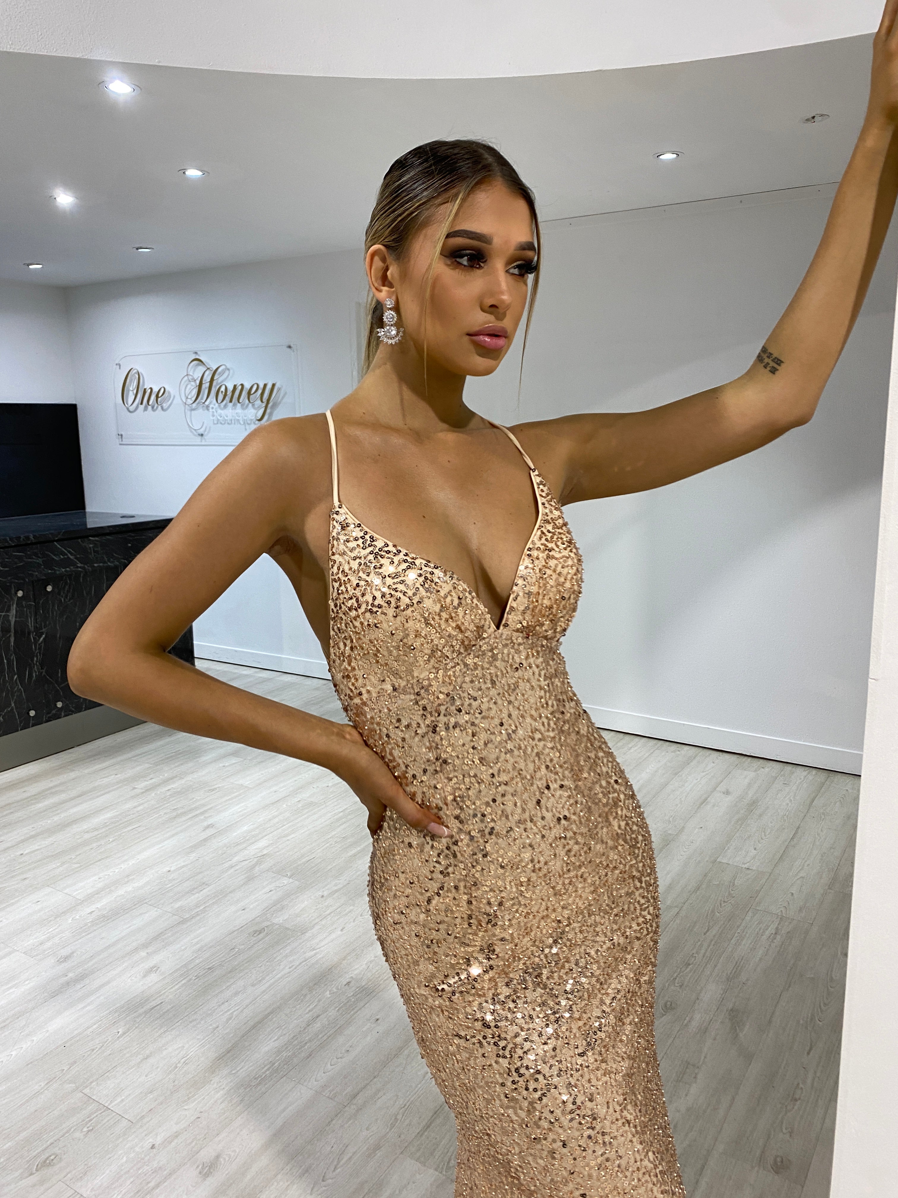 Honey Couture DEVINA Gold Sequin Corset Lace Up Formal Dress