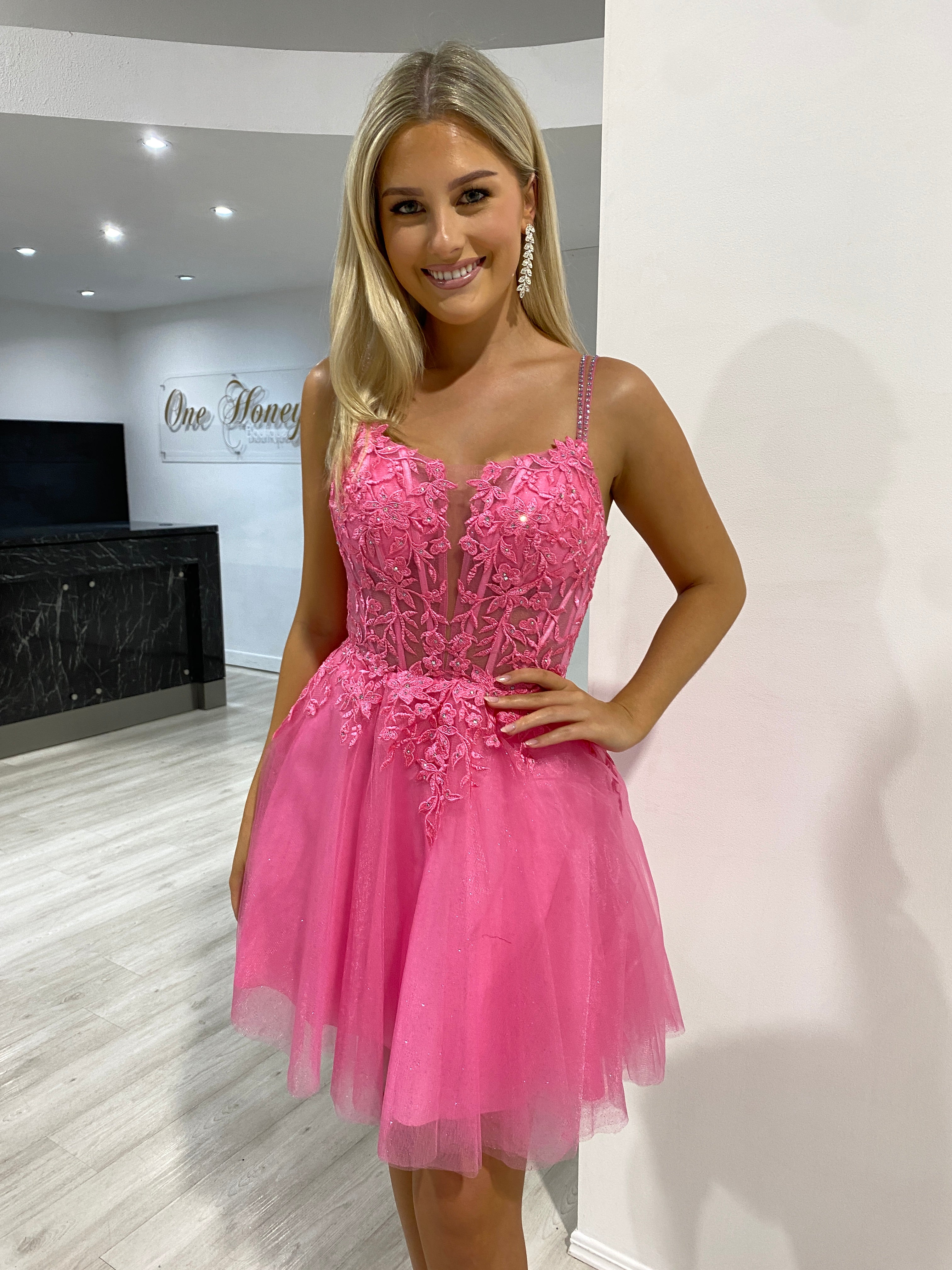 Honey Couture CHERRY Fuchsia Diamanté Beaded Strap Tulle Frilly Party Dress