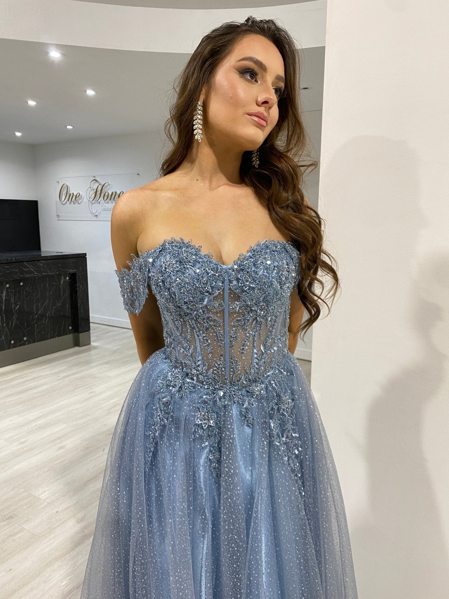 PHOEBE Off the Shoulder Bustier Lace Applique Tulle Formal Dress in Australia | One Honey Boutique