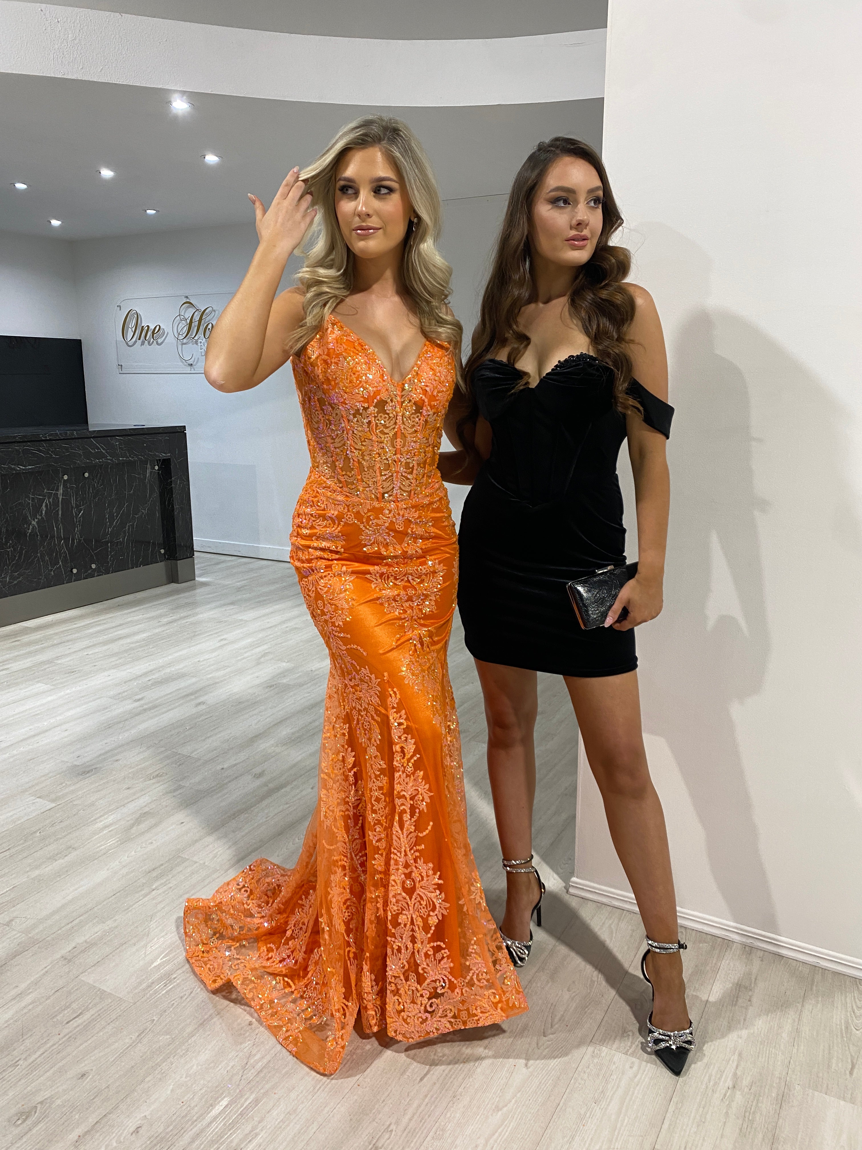 Honey Couture CAROLE Neon Orange Sequin Corset Mermaid Formal Gown Dress