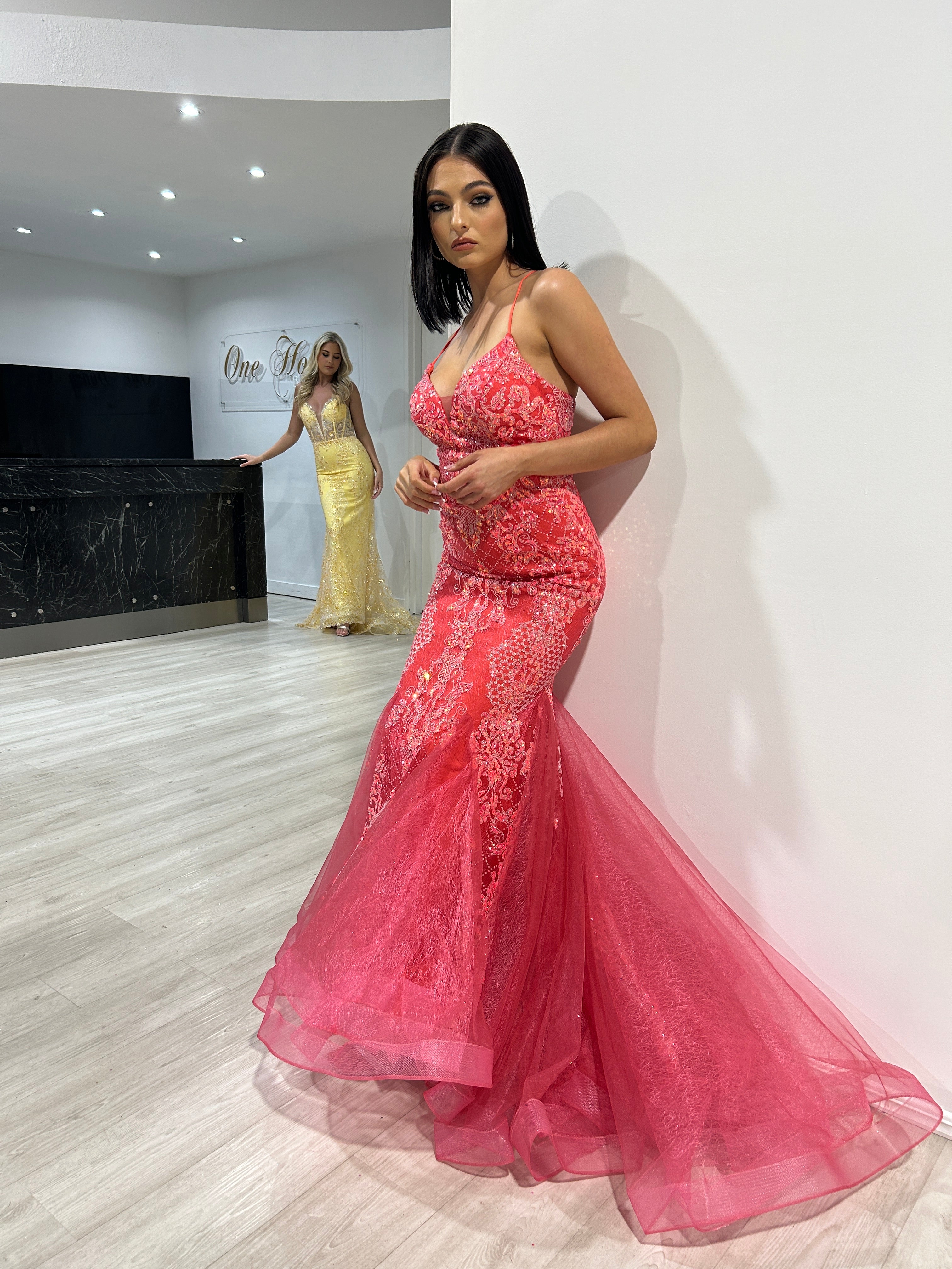 Honey Couture SHAYLA Coral Sequin Glitter Fishtail Mermaid Formal Dress