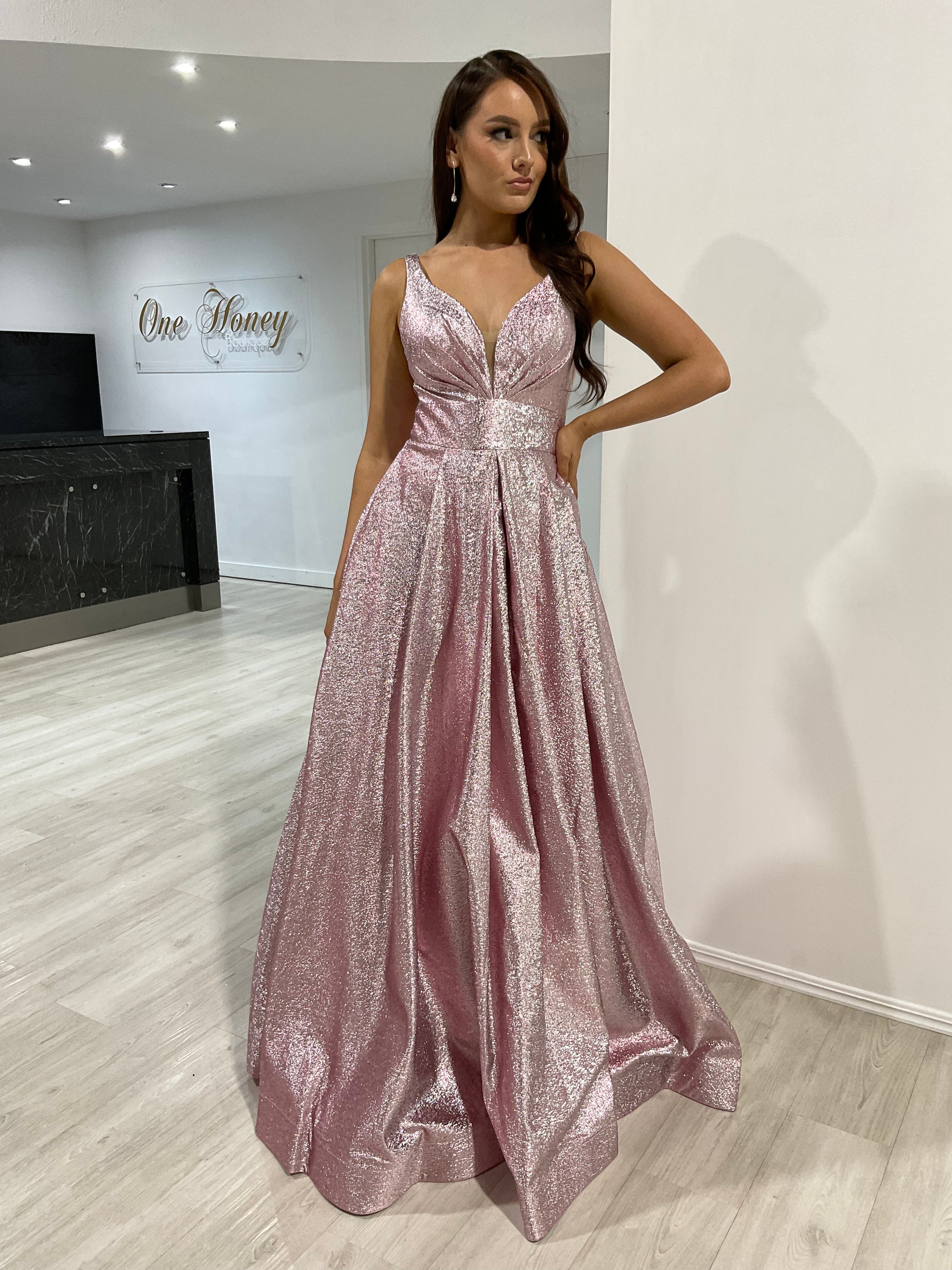 Honey Couture LORI Metallic Blush Pink Ball Gown Formal Dress