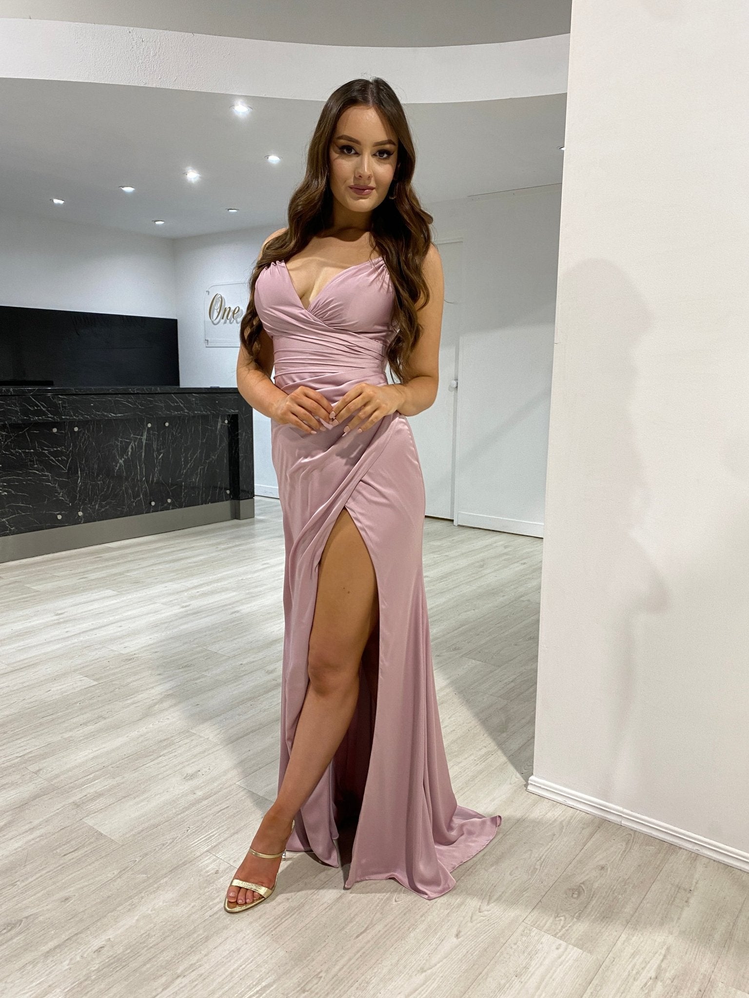 ELOISE Ruched Leg Split Silky Bridesmaid Semi Formal Dress in Australia | One Honey Boutique