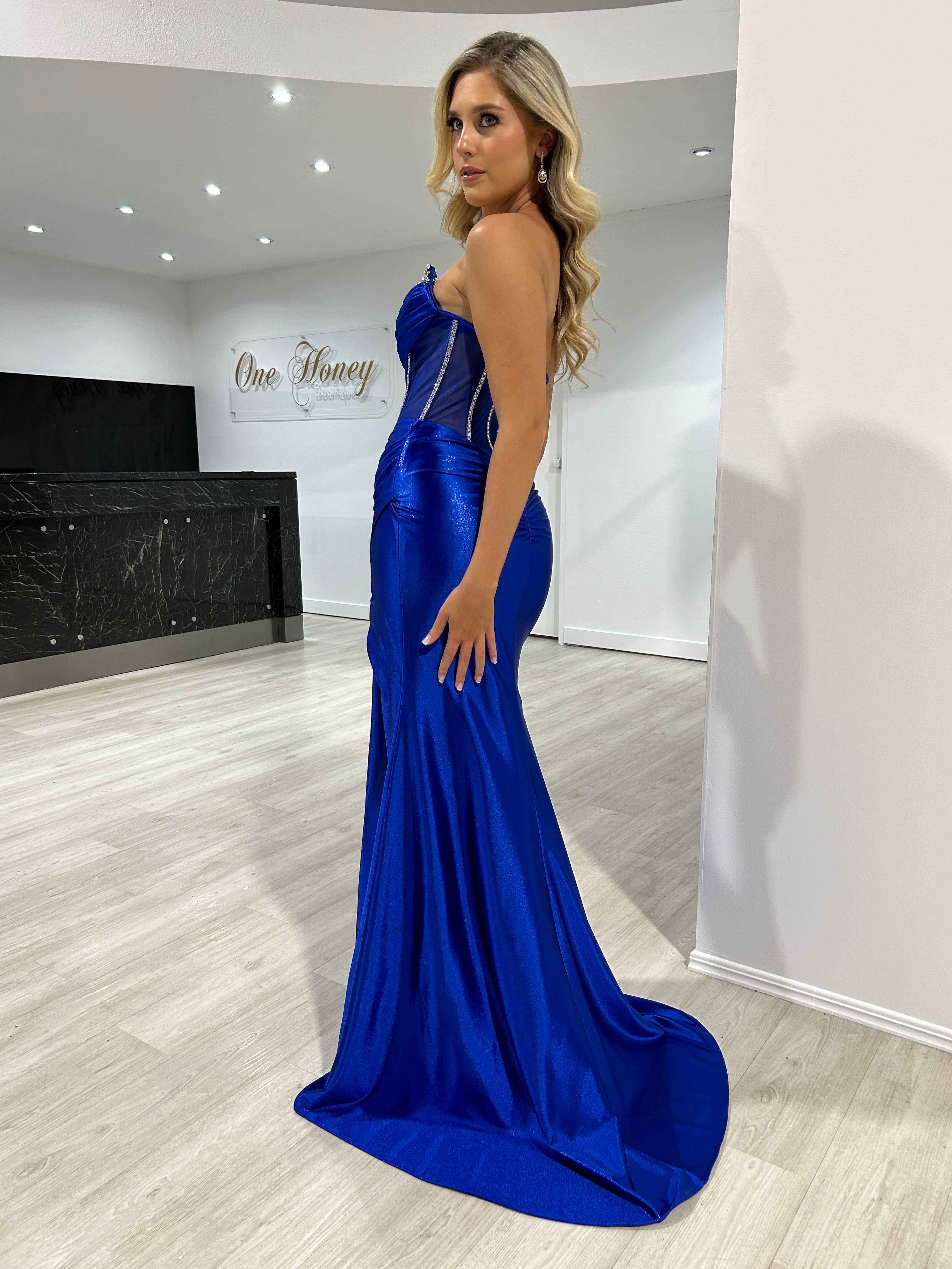 Honey Couture MADAM Royal Blue Strapless Satin Beaded Detail Corset Bustier Formal Dress
