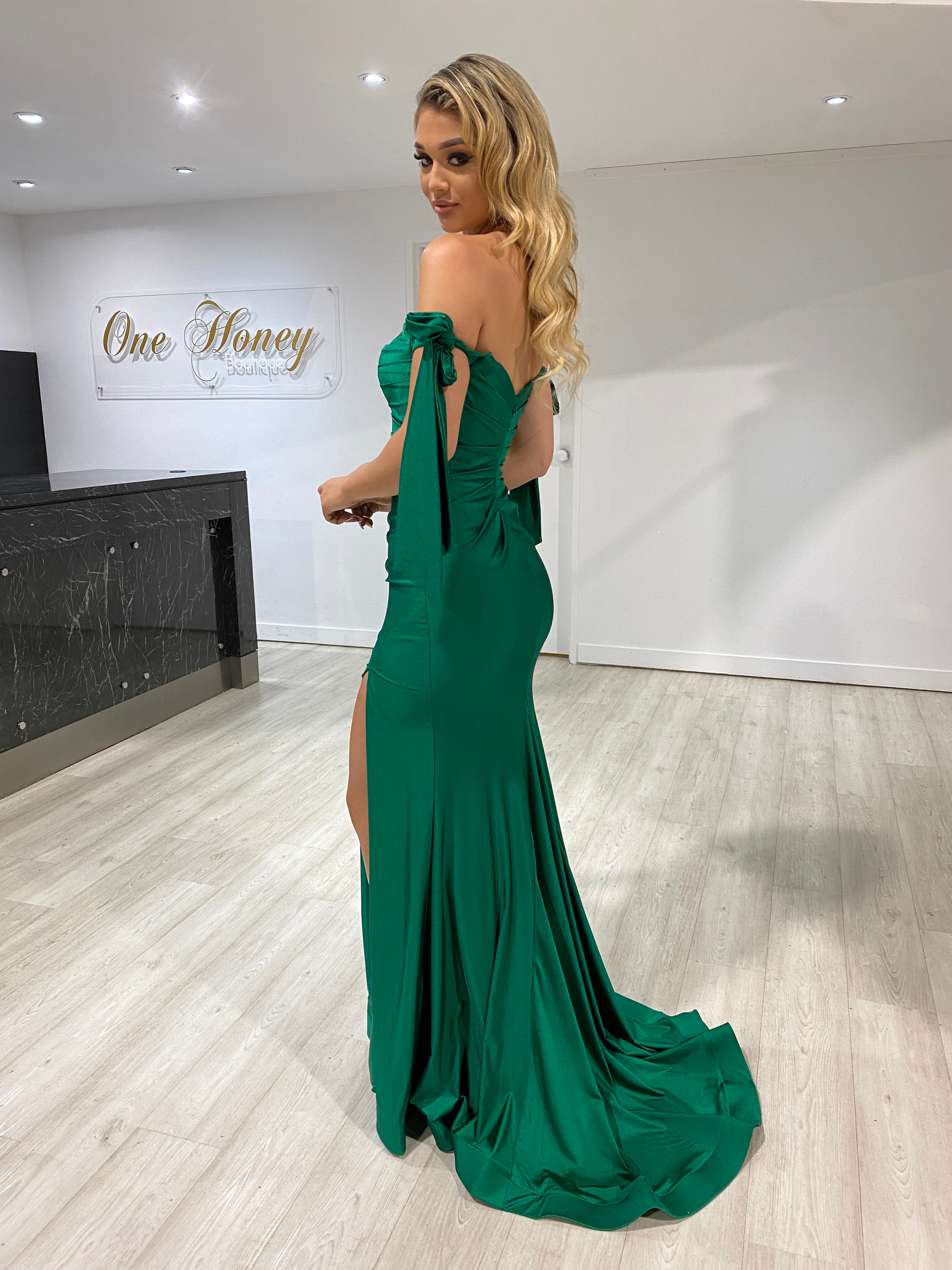 Honey Couture BELLE Green Off Shoulder Mermaid Formal Dress
