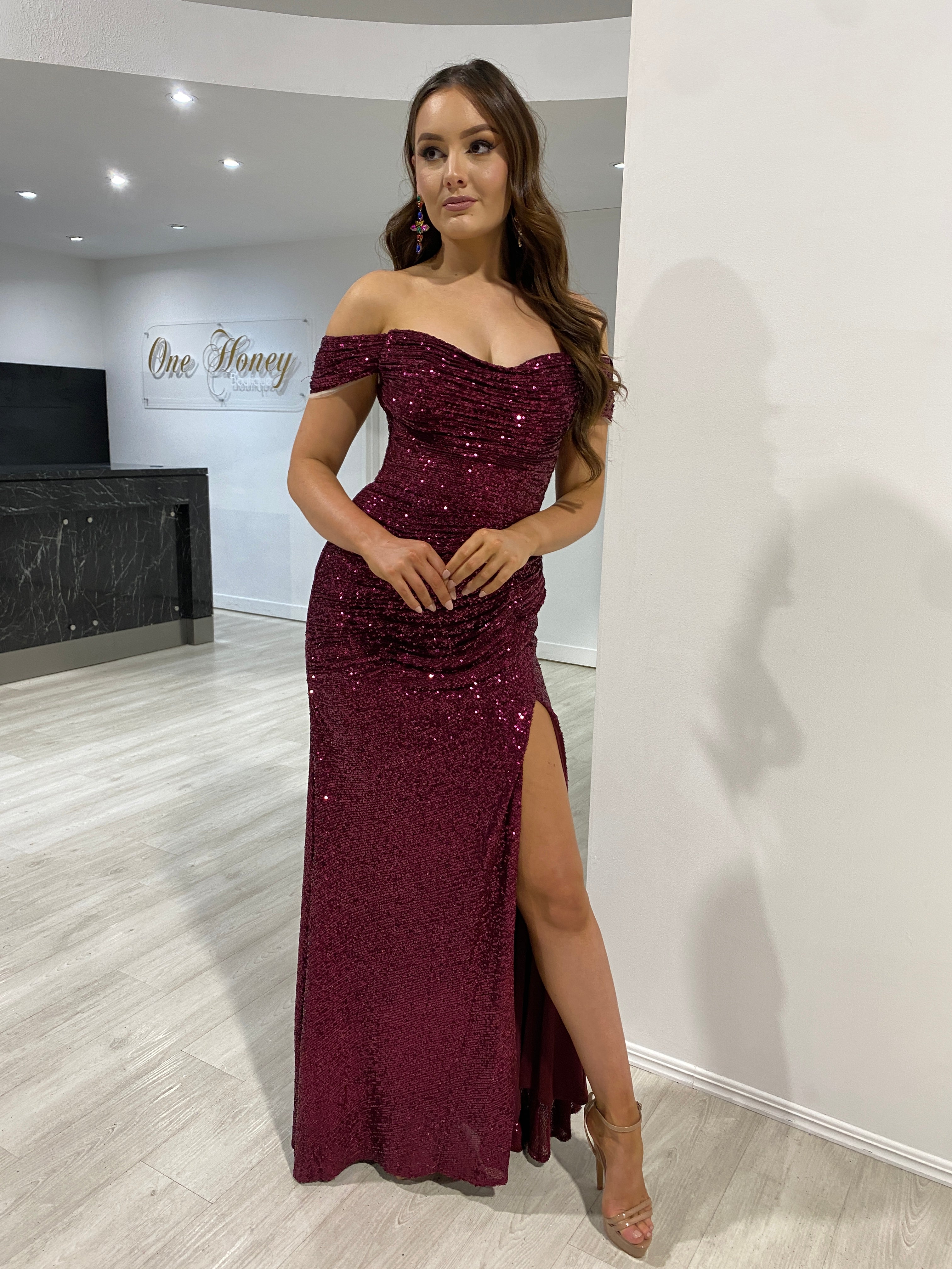 Honey Couture ALLEGRA Wine Off The Shoulder Sequin Lace Up Formal Dress