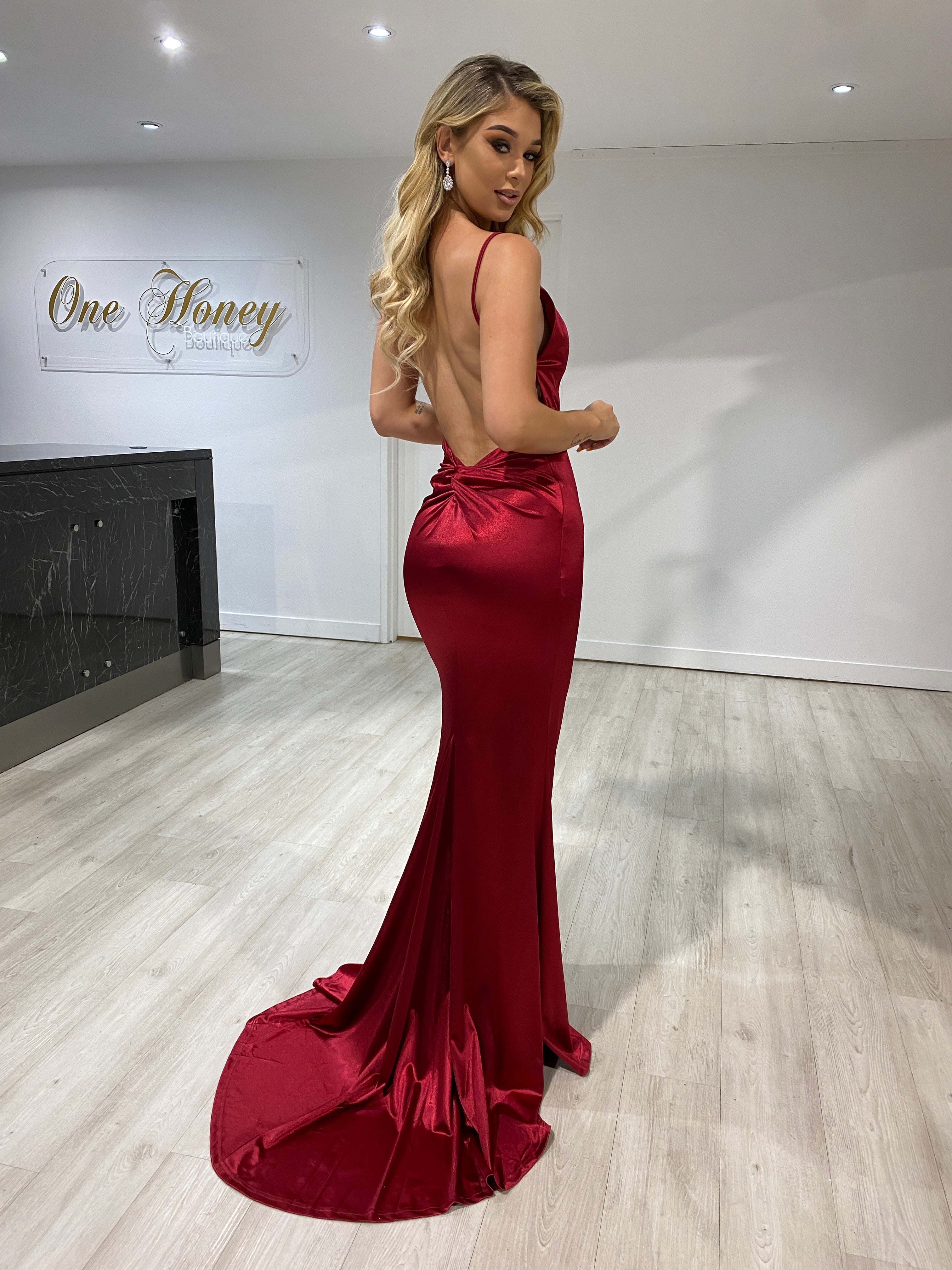 Honey Couture SAMARA Burgundy Knot Feature Low Back Silky Mermaid Formal Gown