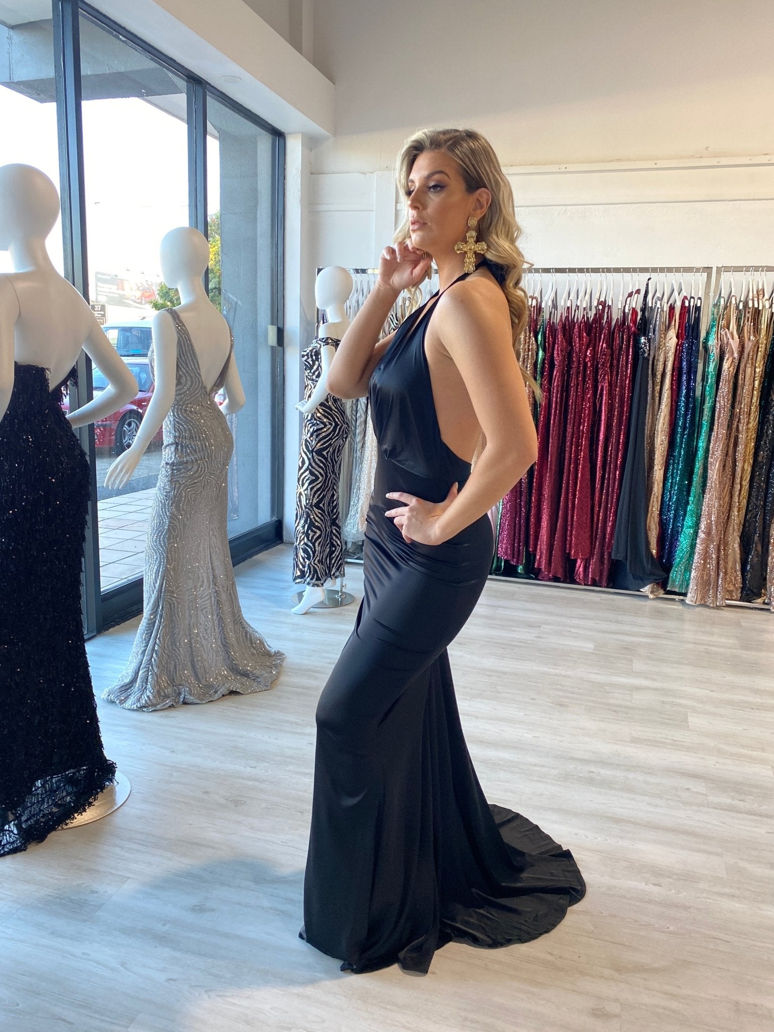 Honey Couture JODIE Black Halter Satin Mermaid Evening Gown Dress in Australia | One Honey Boutique