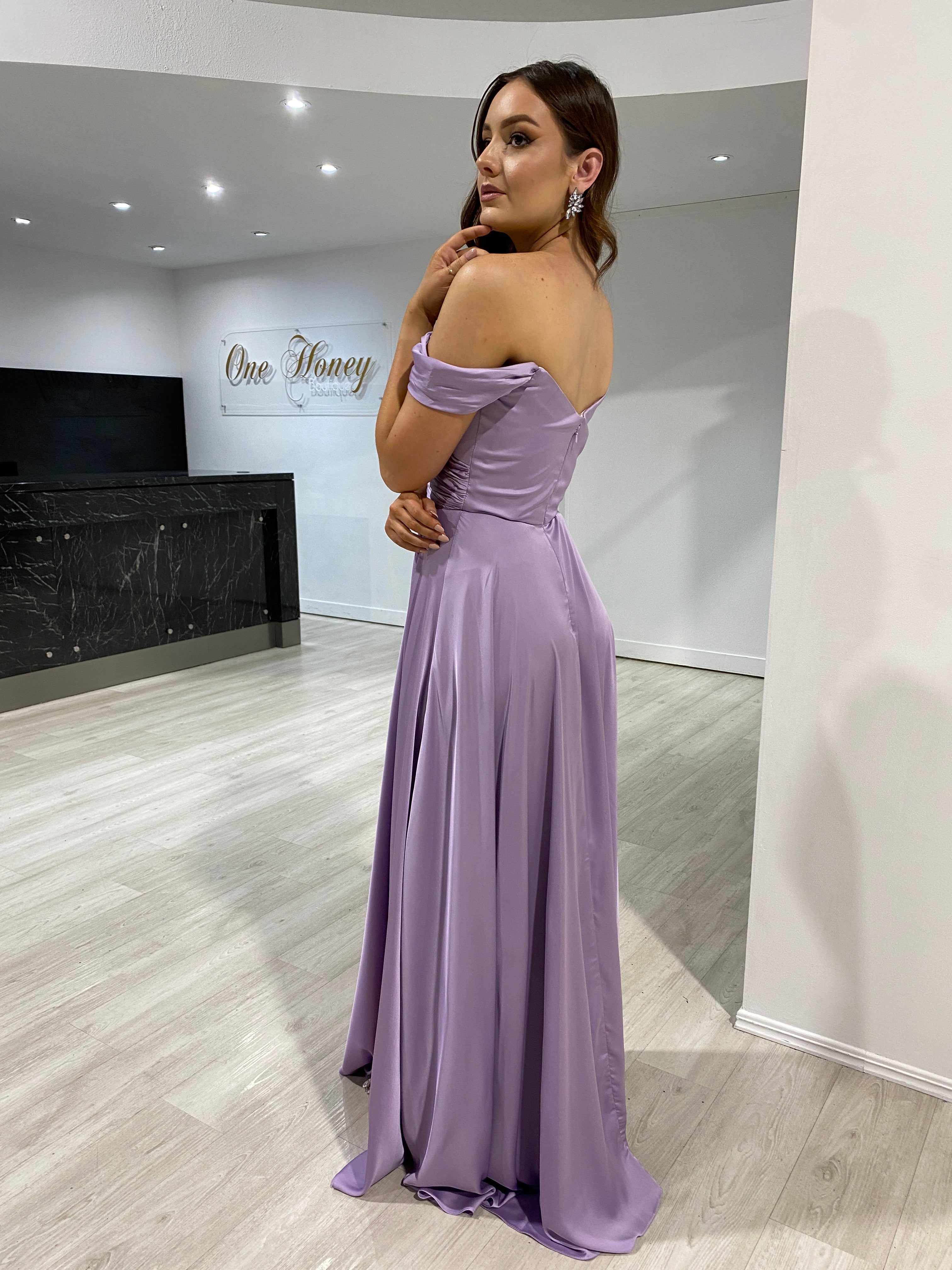 Honey Couture AURA Lavender Off the Shoulder Silky A Line Bridesmaid Formal Dress