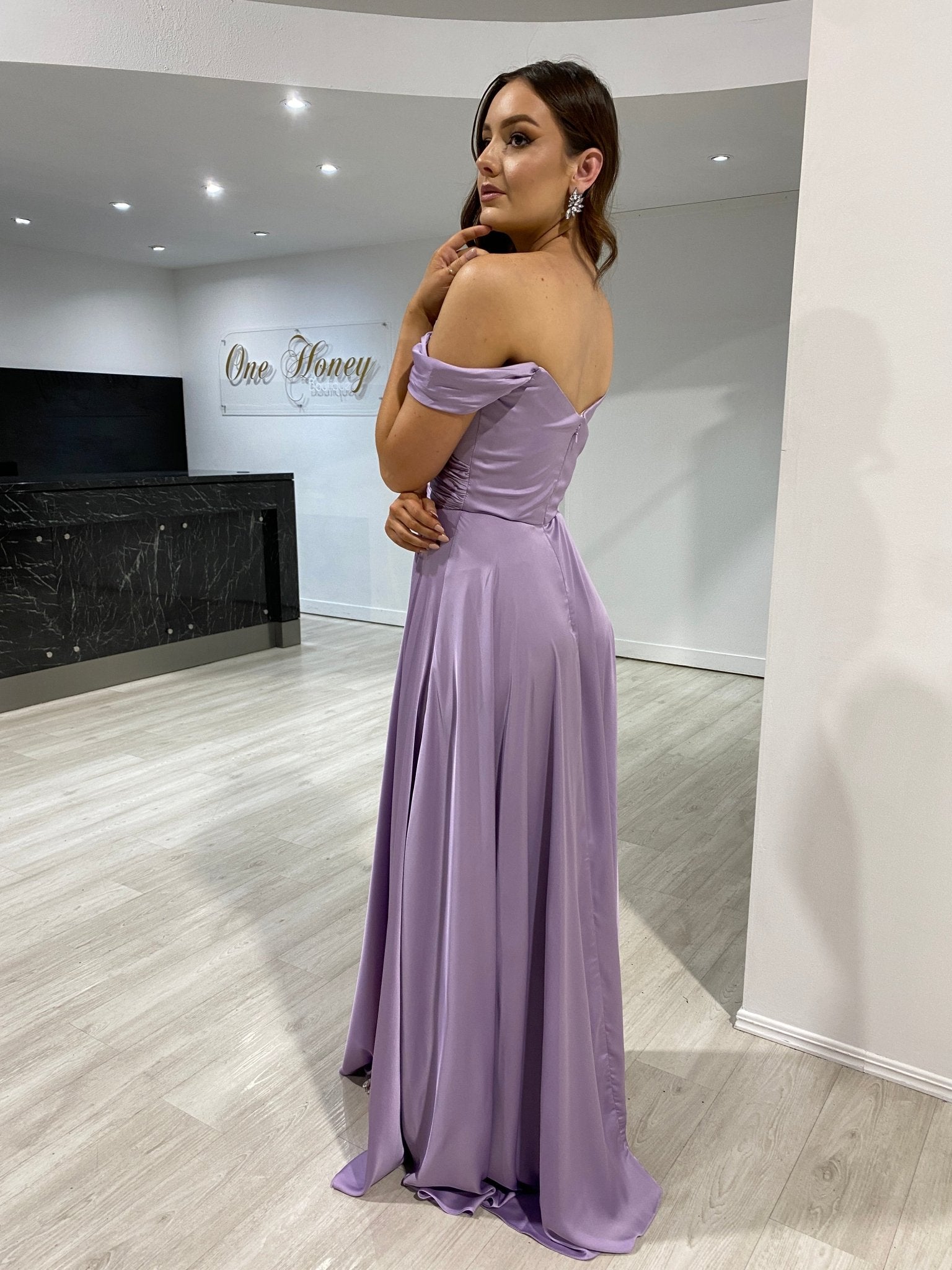 AURA Off the Shoulder Silky A Line Bridesmaid Formal Dress in Australia | One Honey Boutique
