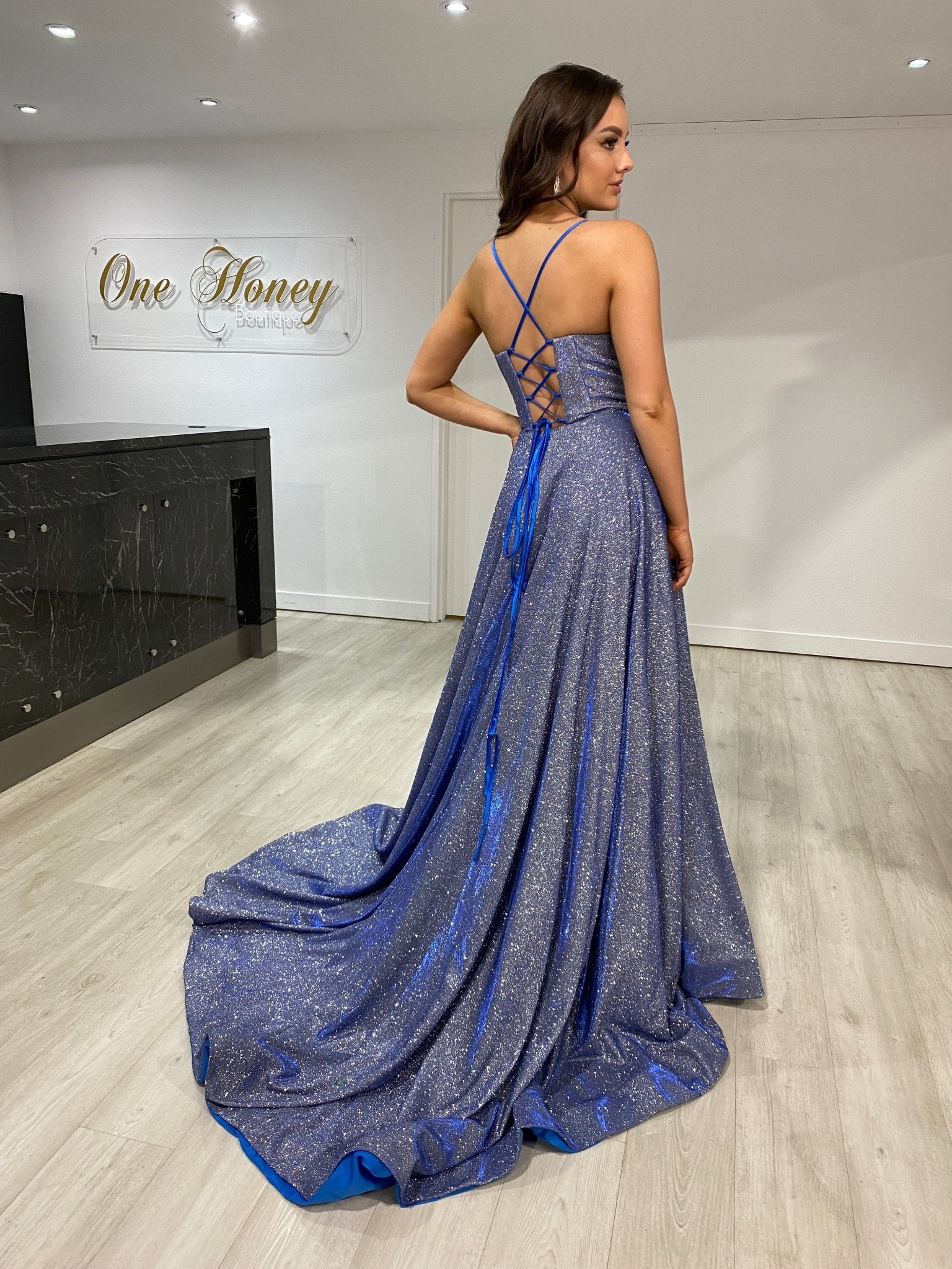 Honey Couture TAHLIA w DANIELLA Back Glitter Fabric Lace Up Back Formal Dress in Australia | One Honey Boutique