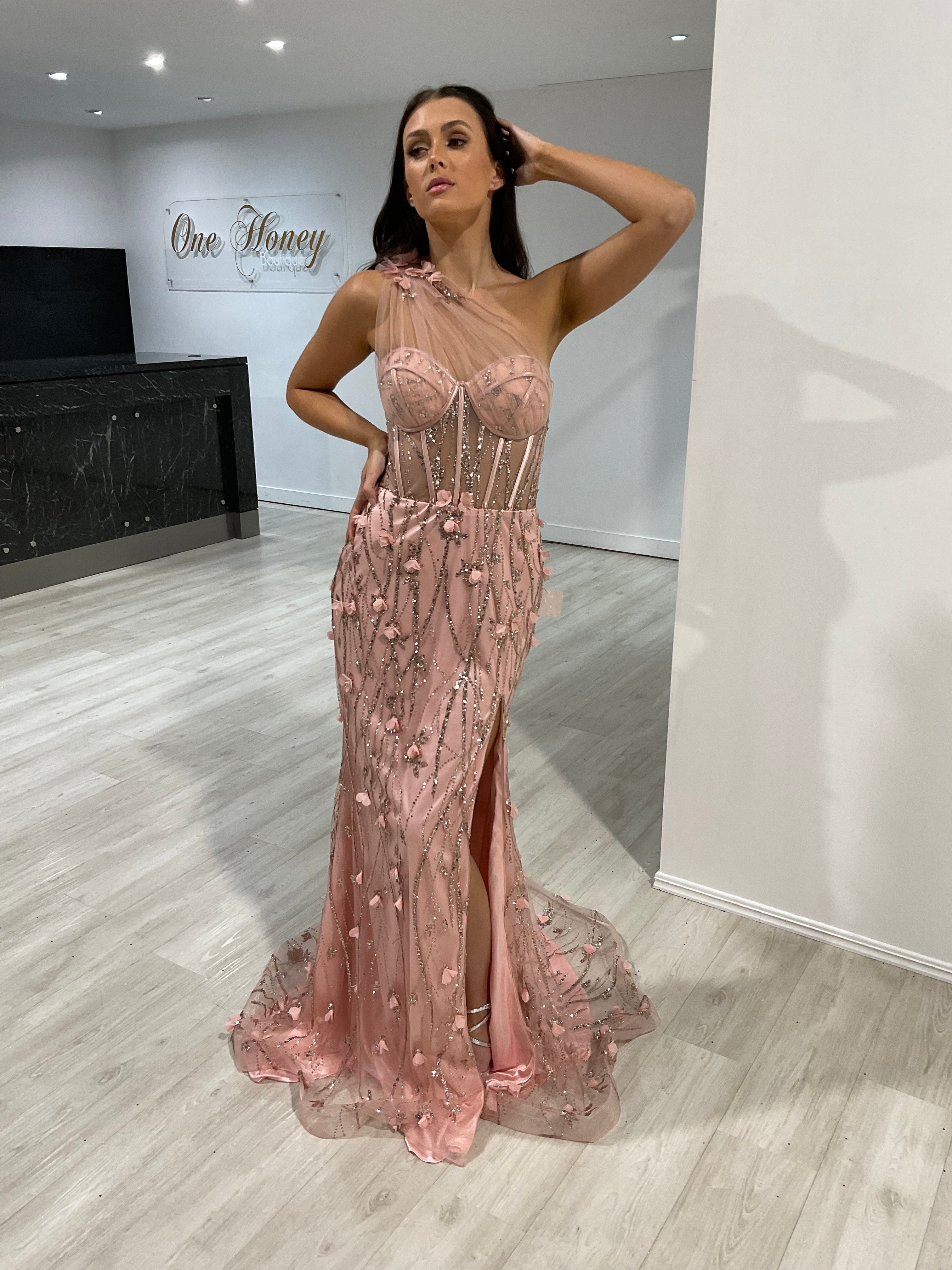 Honey Couture AMINA Blush Pink One Shoulder Glitter Mermaid Formal Dress