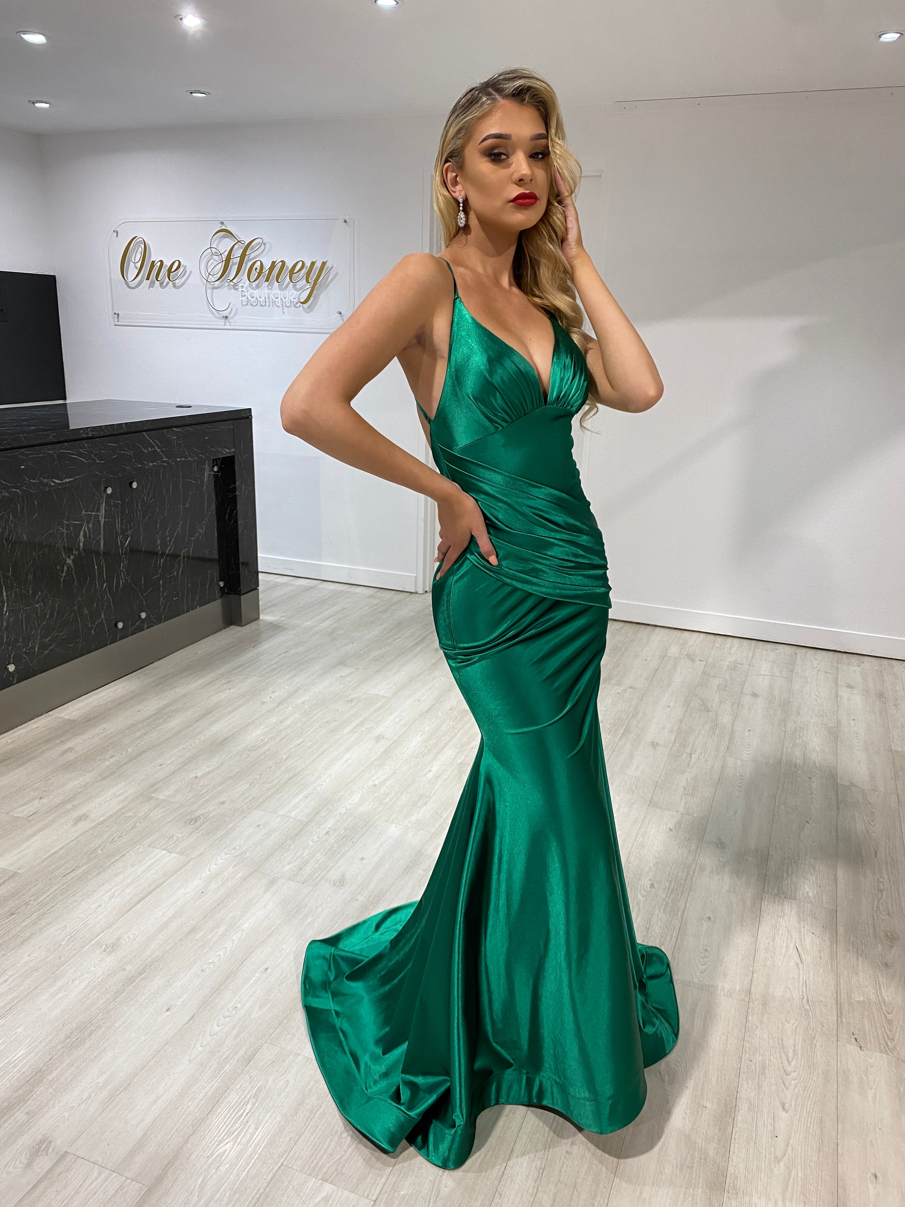 Honey Couture COCO Emerald Green Low Back Bum Ruching Mermaid Formal Dress