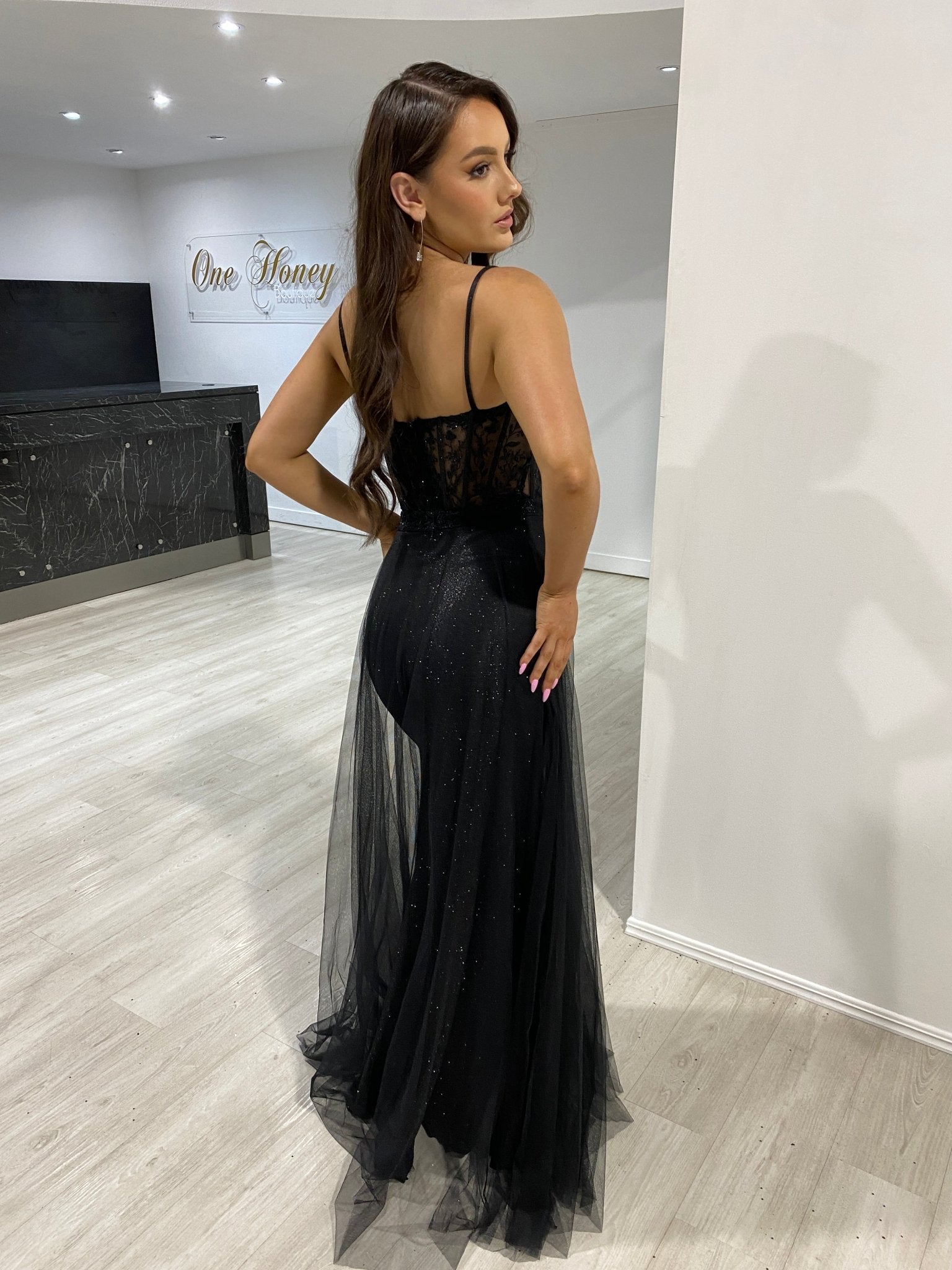 Honey Couture NOELLA Black Glitter Tulle Bustier Formal Dress in Australia | One Honey Boutique