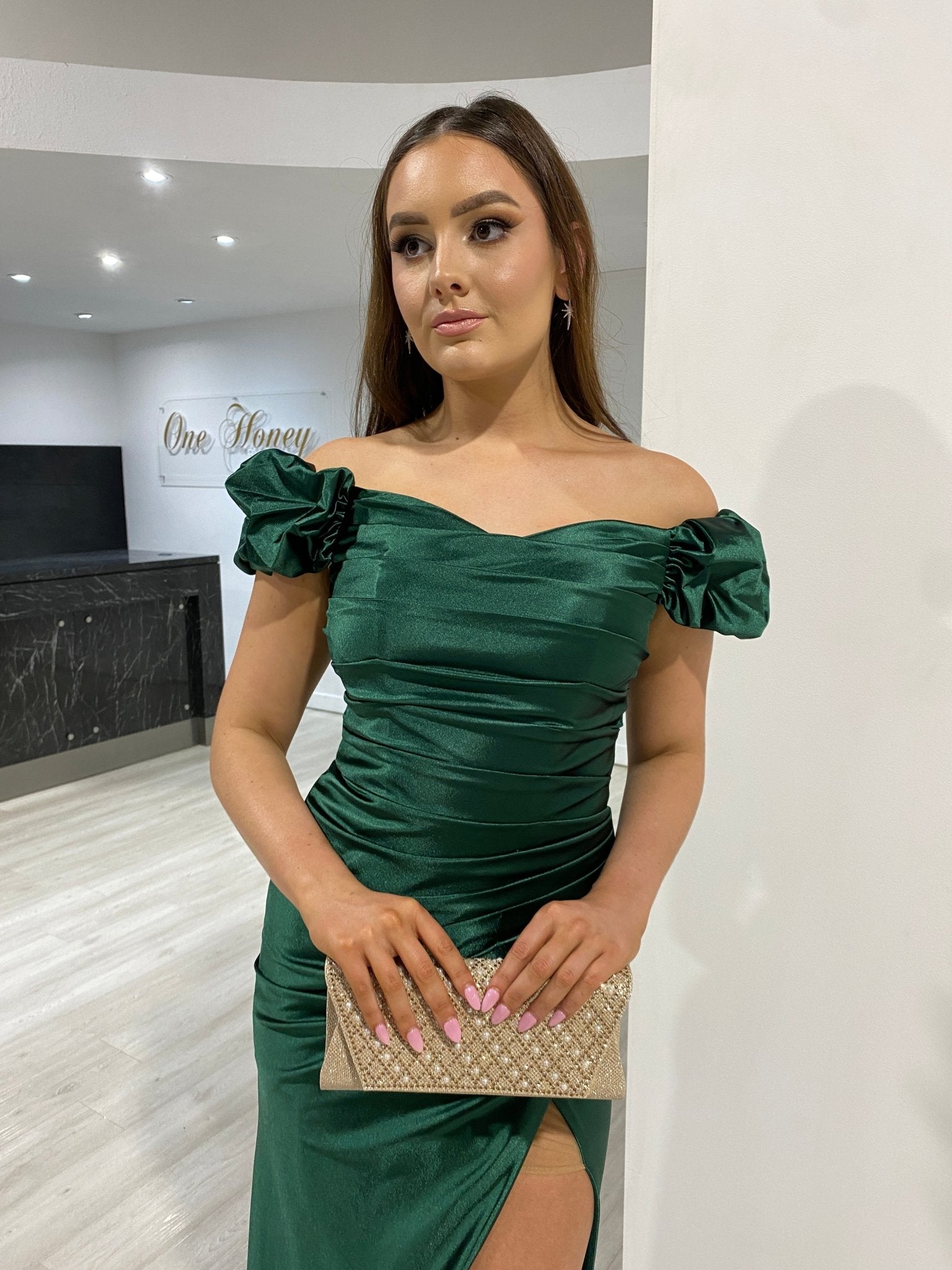 Honey Couture Rose Gold CIARISA Shimmer With a Pearl and Diamanté Front Clutch Bag in Australia | One Honey Boutique