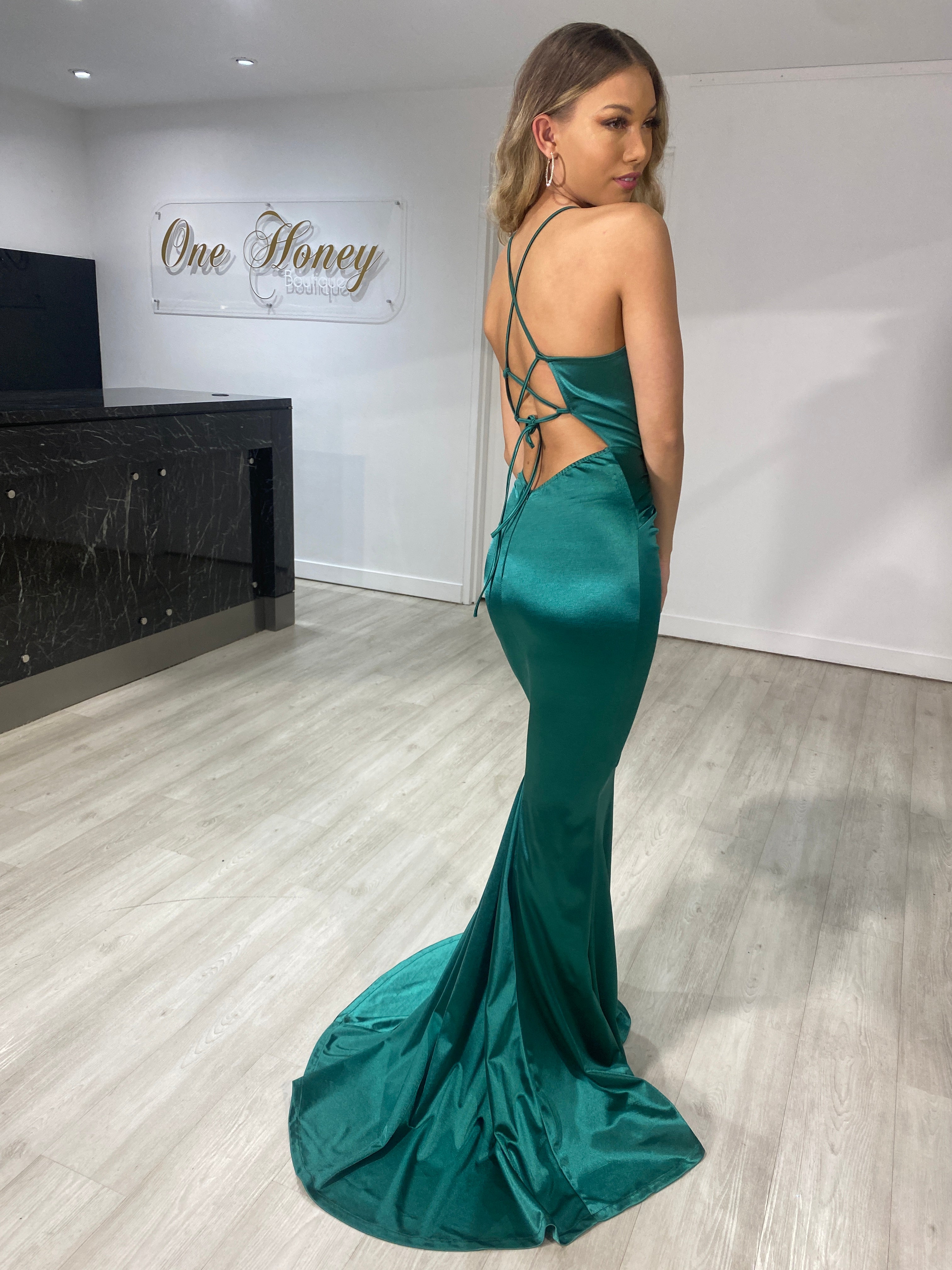 Honey Couture JUSTICE Emerald Green Open Back Mermaid Evening Gown Dress