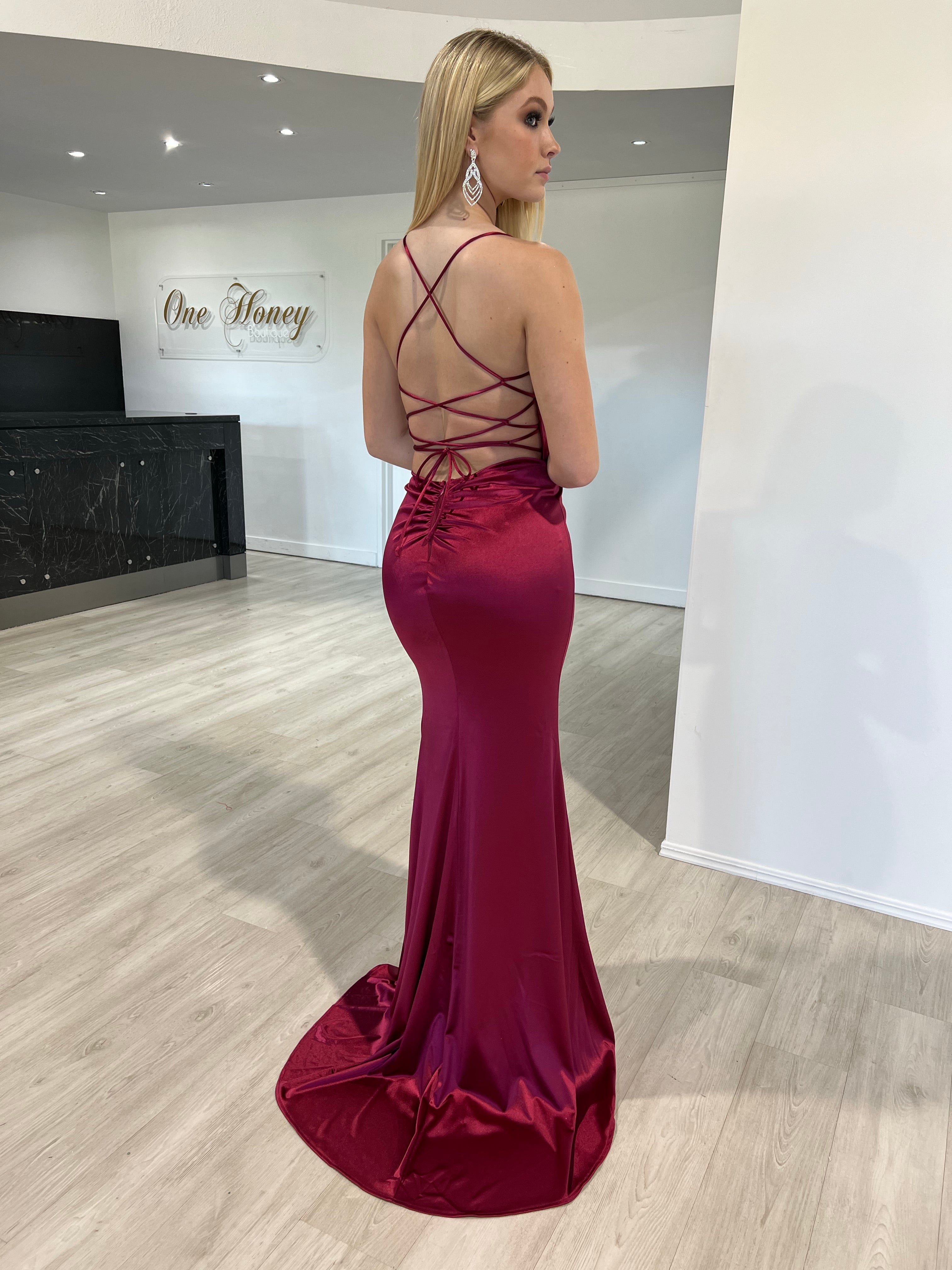 Honey Couture JALI Wine Burgundy Lace Back Silky Bum Ruching Formal Dress