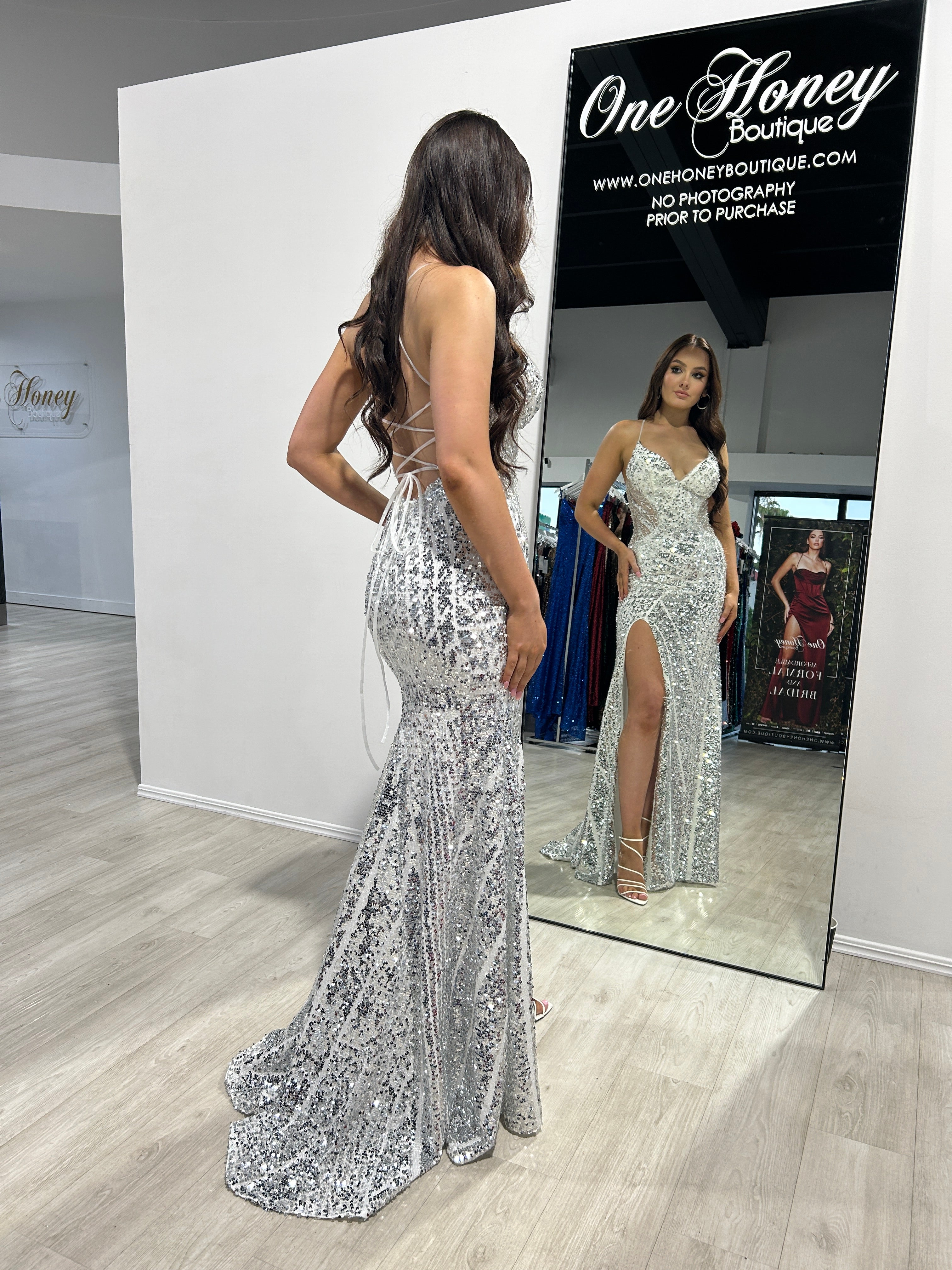 Honey Couture RICHIE Silver Sequin Mermaid Evening Gown Dress