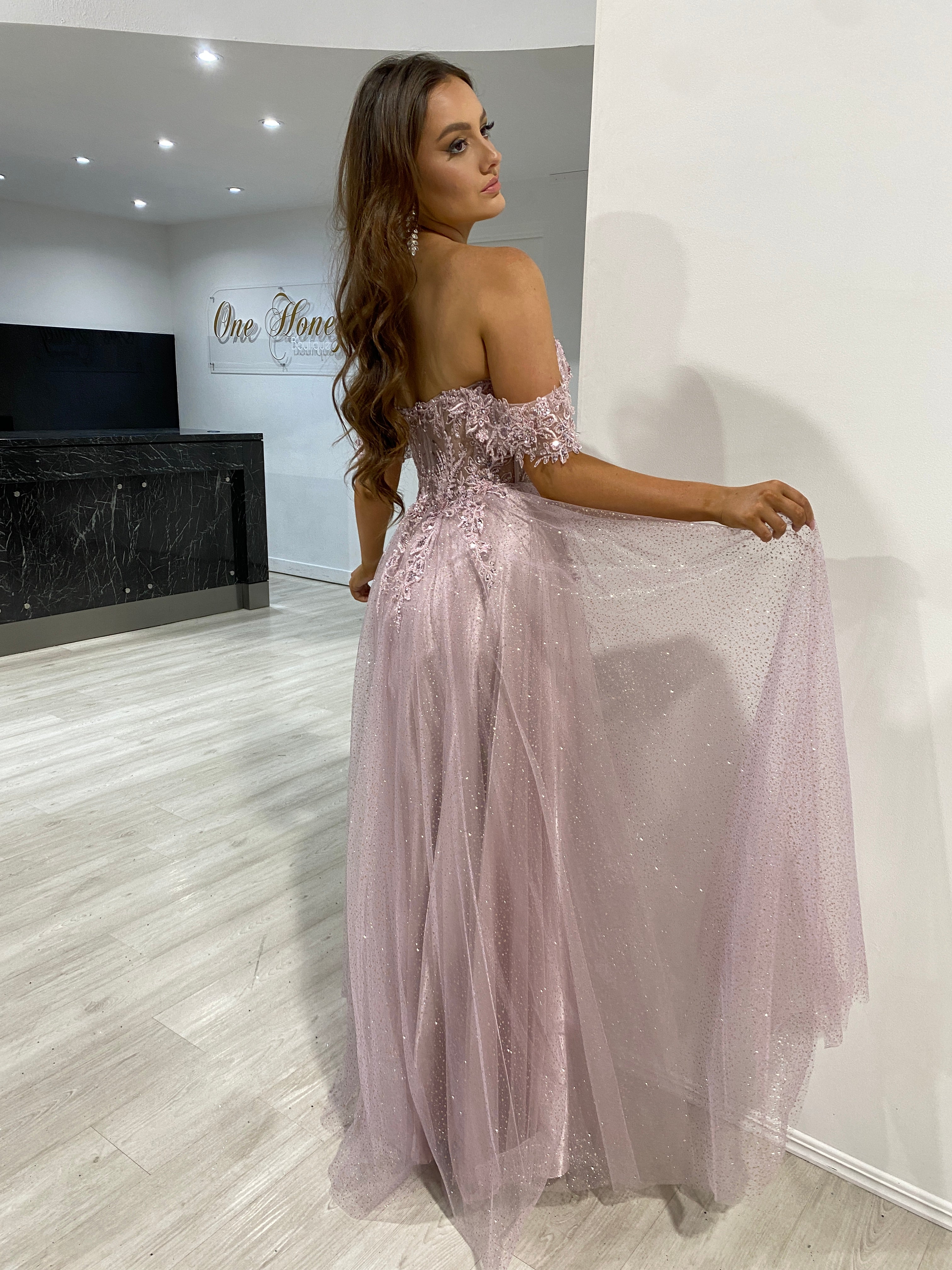 Honey Couture PHOEBE Mauve Off the Shoulder Bustier Lace Applique Tulle Formal Dress