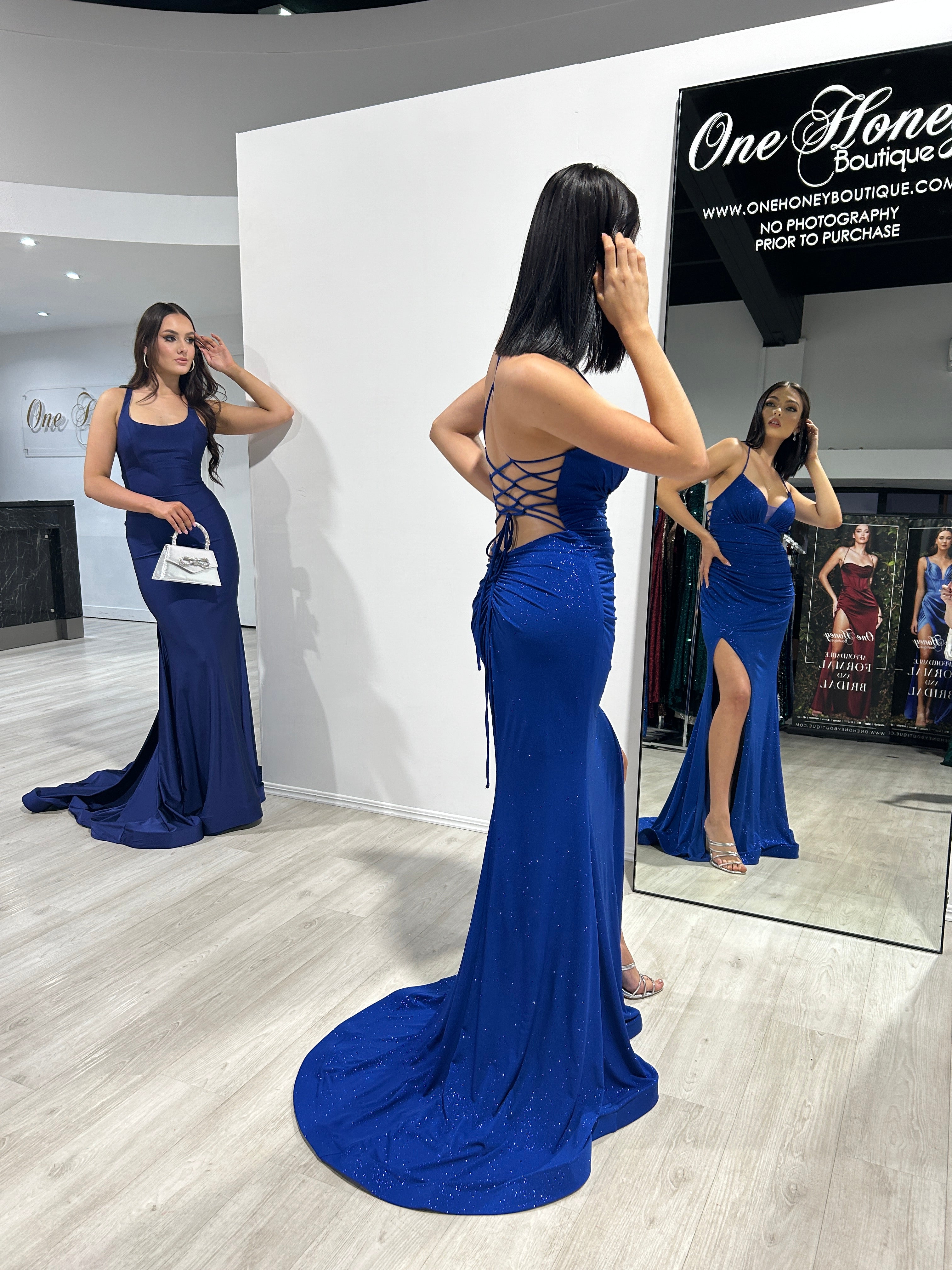 Honey Couture MISTELLA Royal Blue Crystal Feature Mermaid Formal Gown