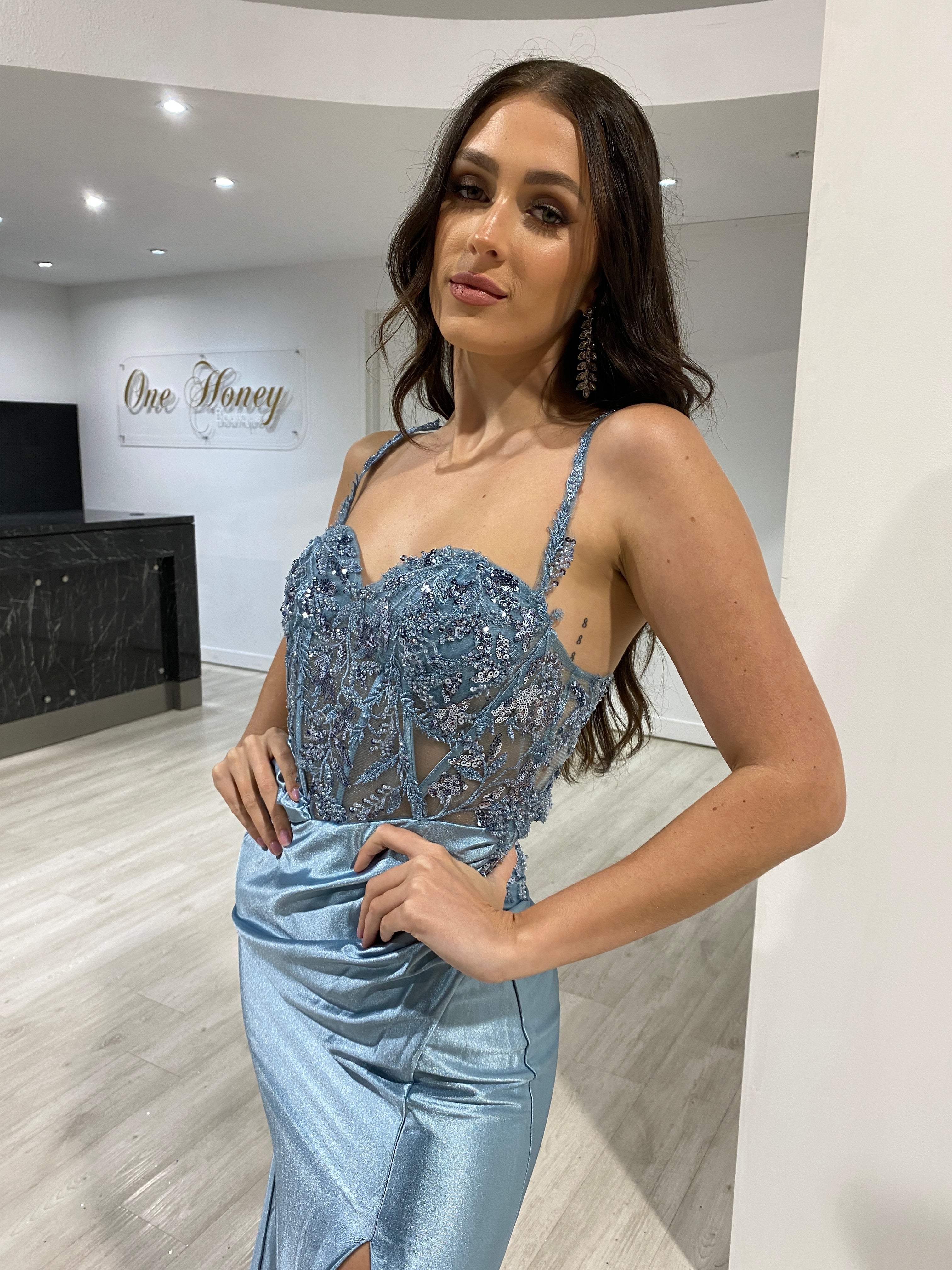 Honey Couture SALMA Dusty Blue Embellished Bustier Corset Satin Mermaid Formal Dress