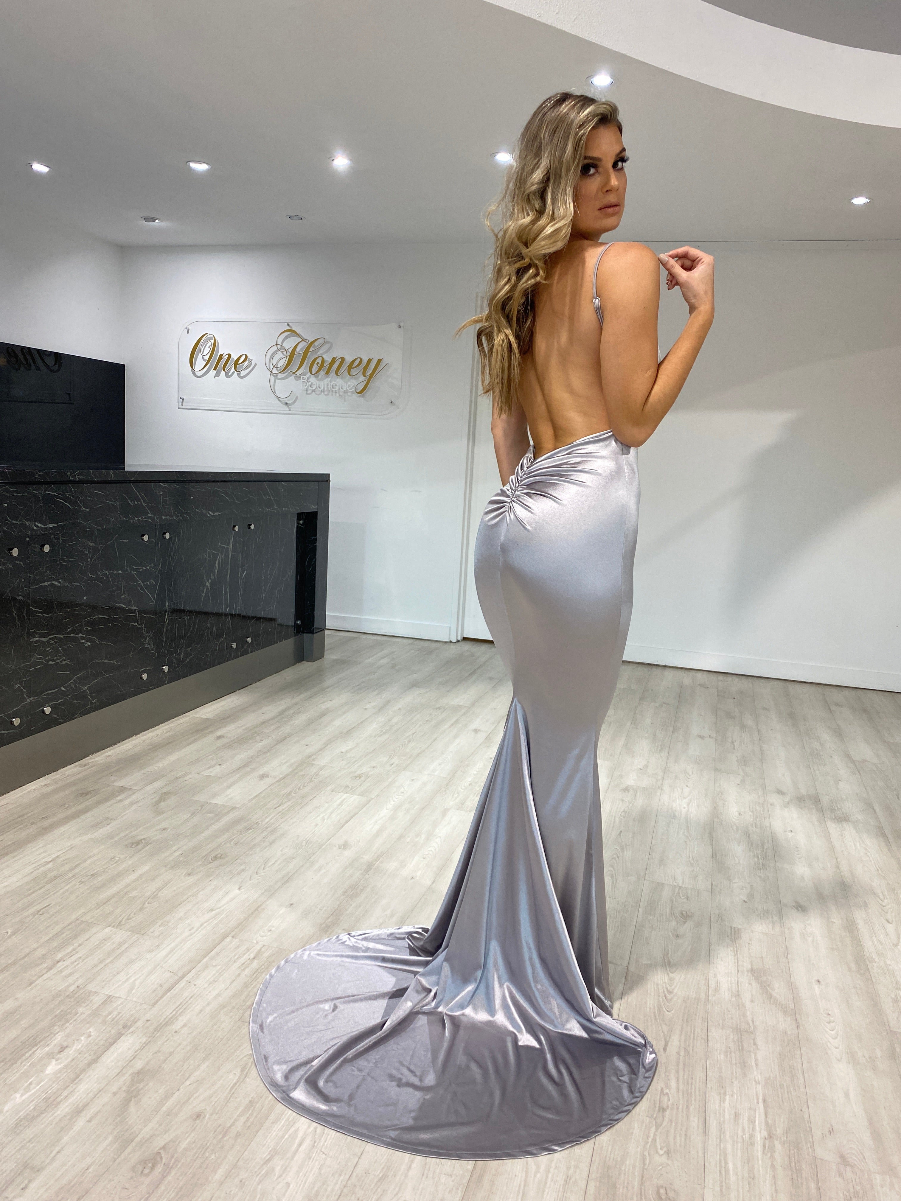 Honey Couture MILEE Silver Grey Low Back Mermaid Evening Gown Dress