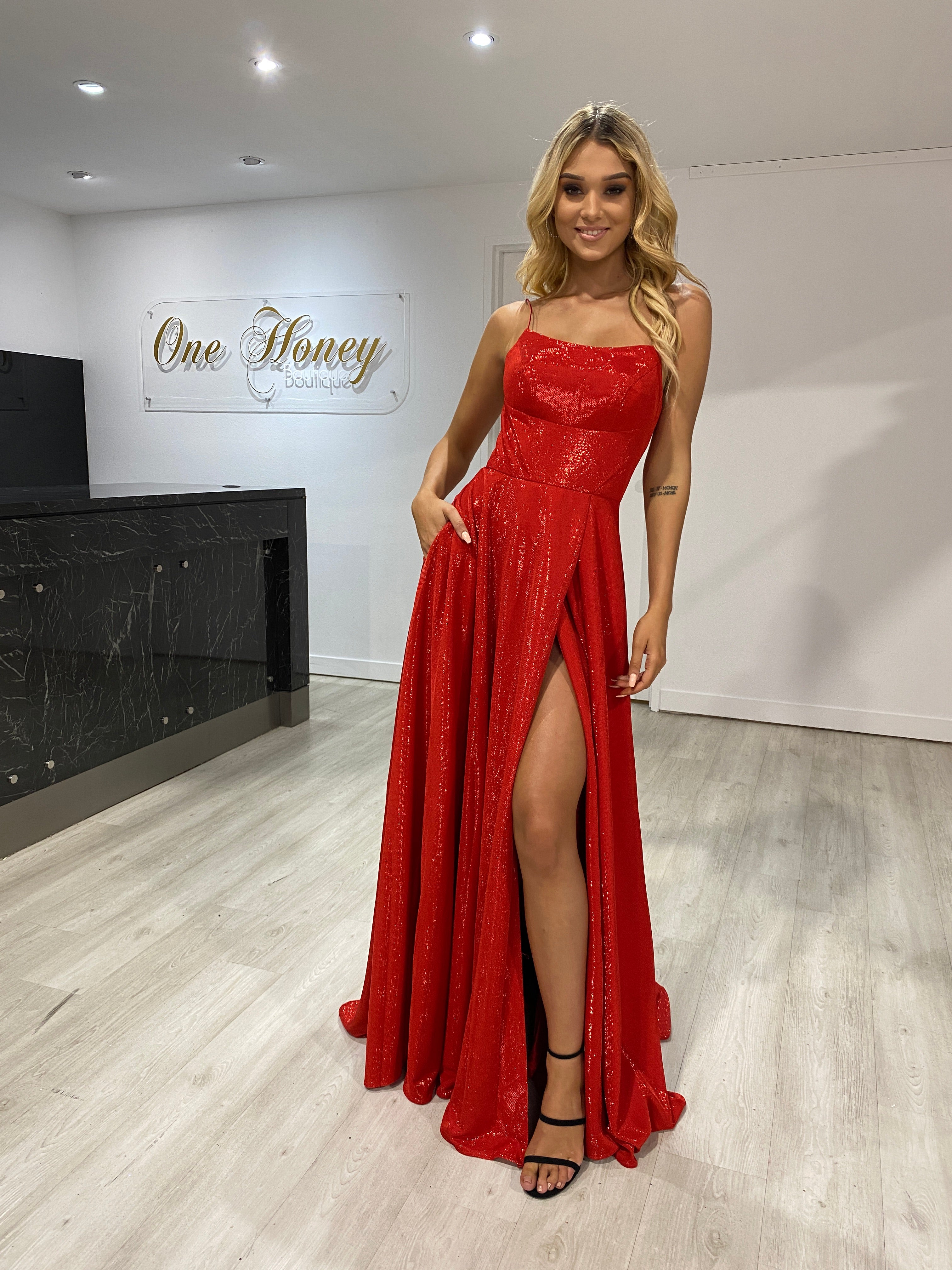Honey Couture KYLA Red Shimmer Lace Up Back Formal Gown Dress