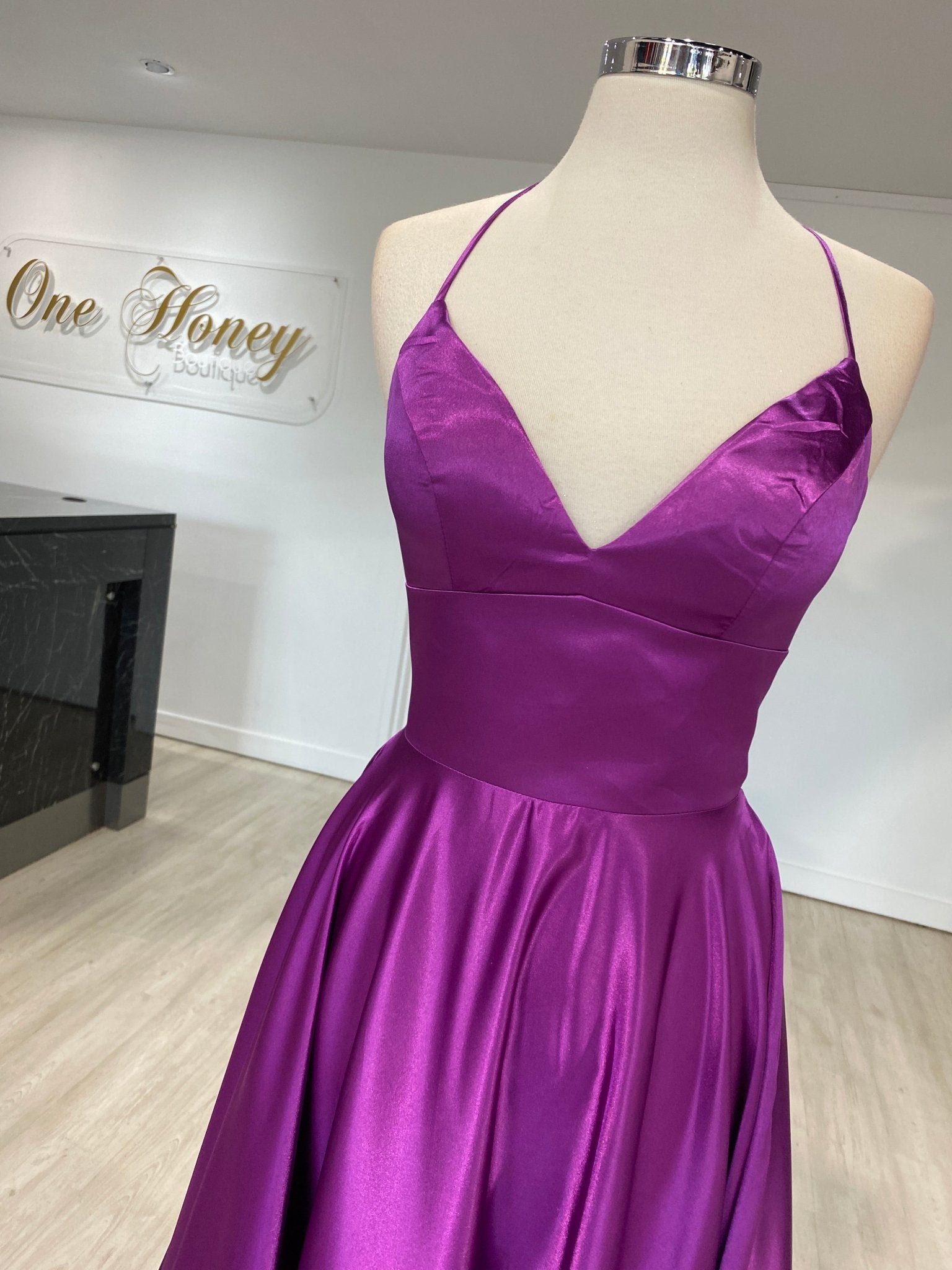 Honey Couture LUCINDA Lace Up Back Satin A Line Formal Dress in Australia | One Honey Boutique