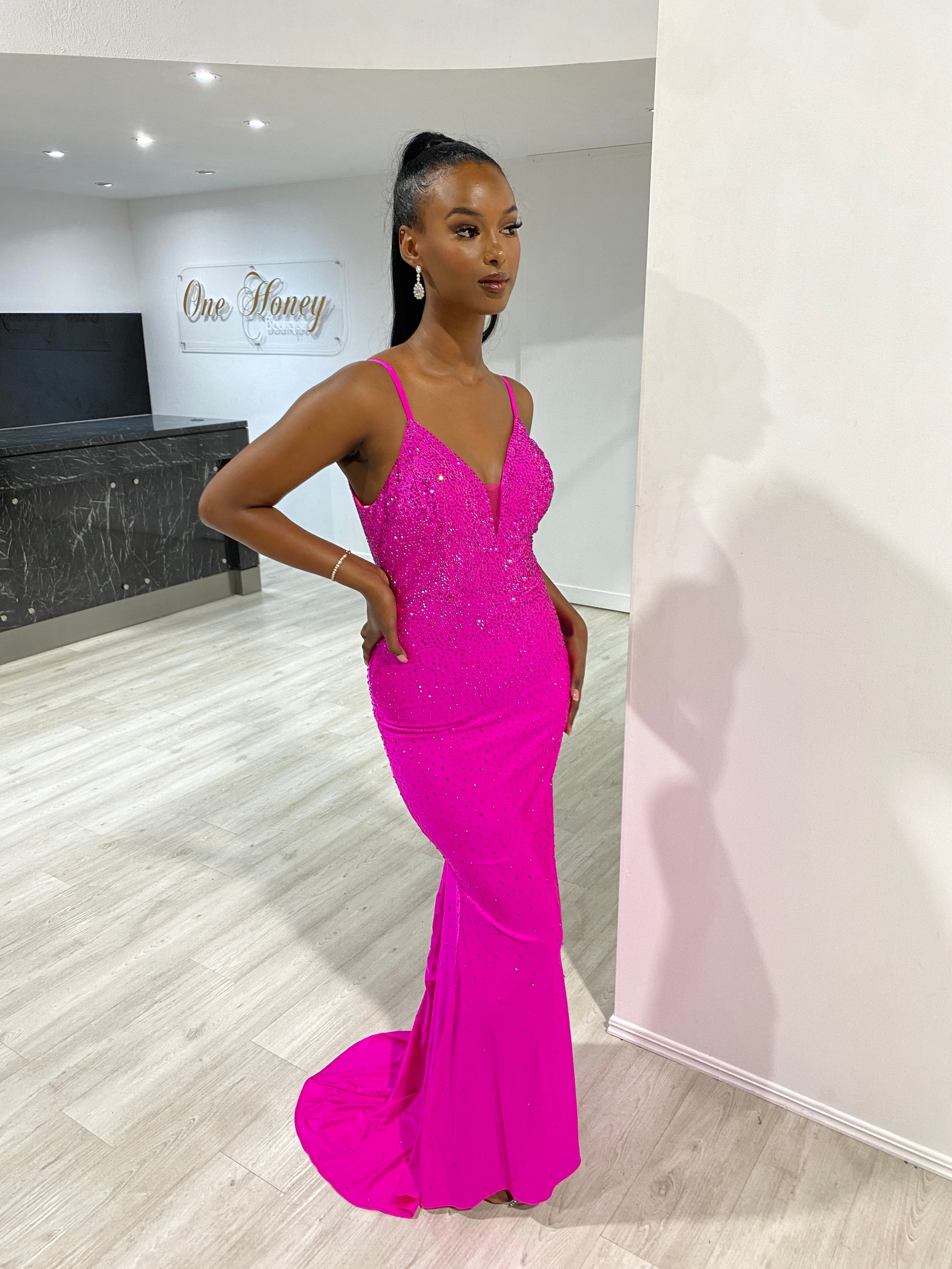 Honey Couture MARISE Fuchsia Hot Pink Diamante Feature Mermaid Formal Dress
