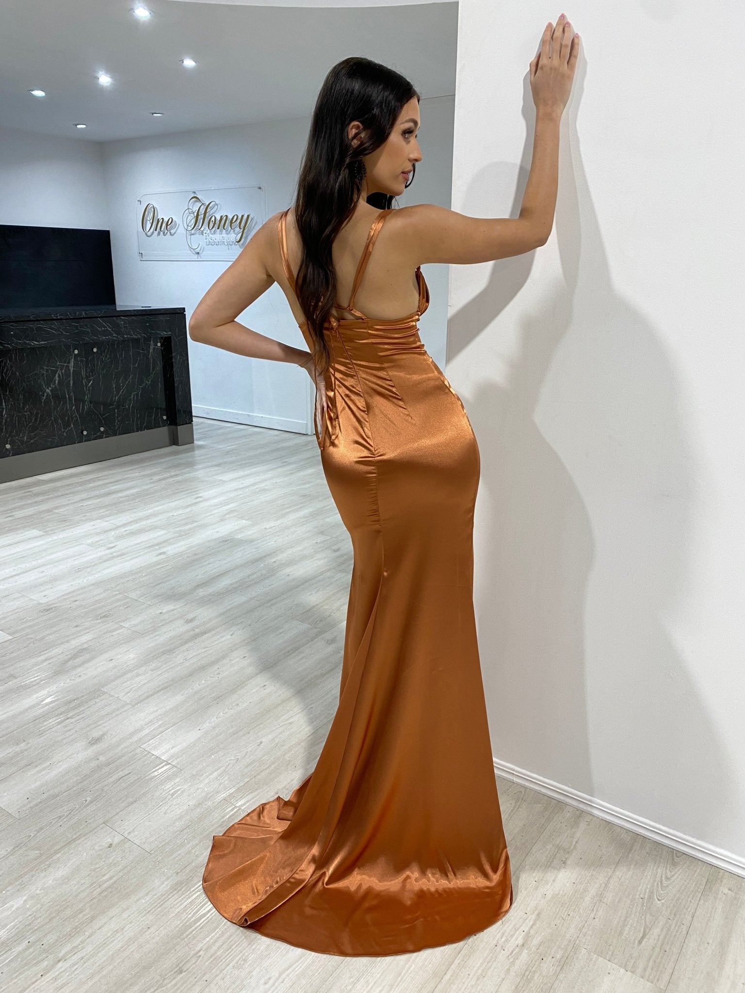 JENNA Silky Tie Back Semi Formal Prom Dress in Australia | One Honey Boutique