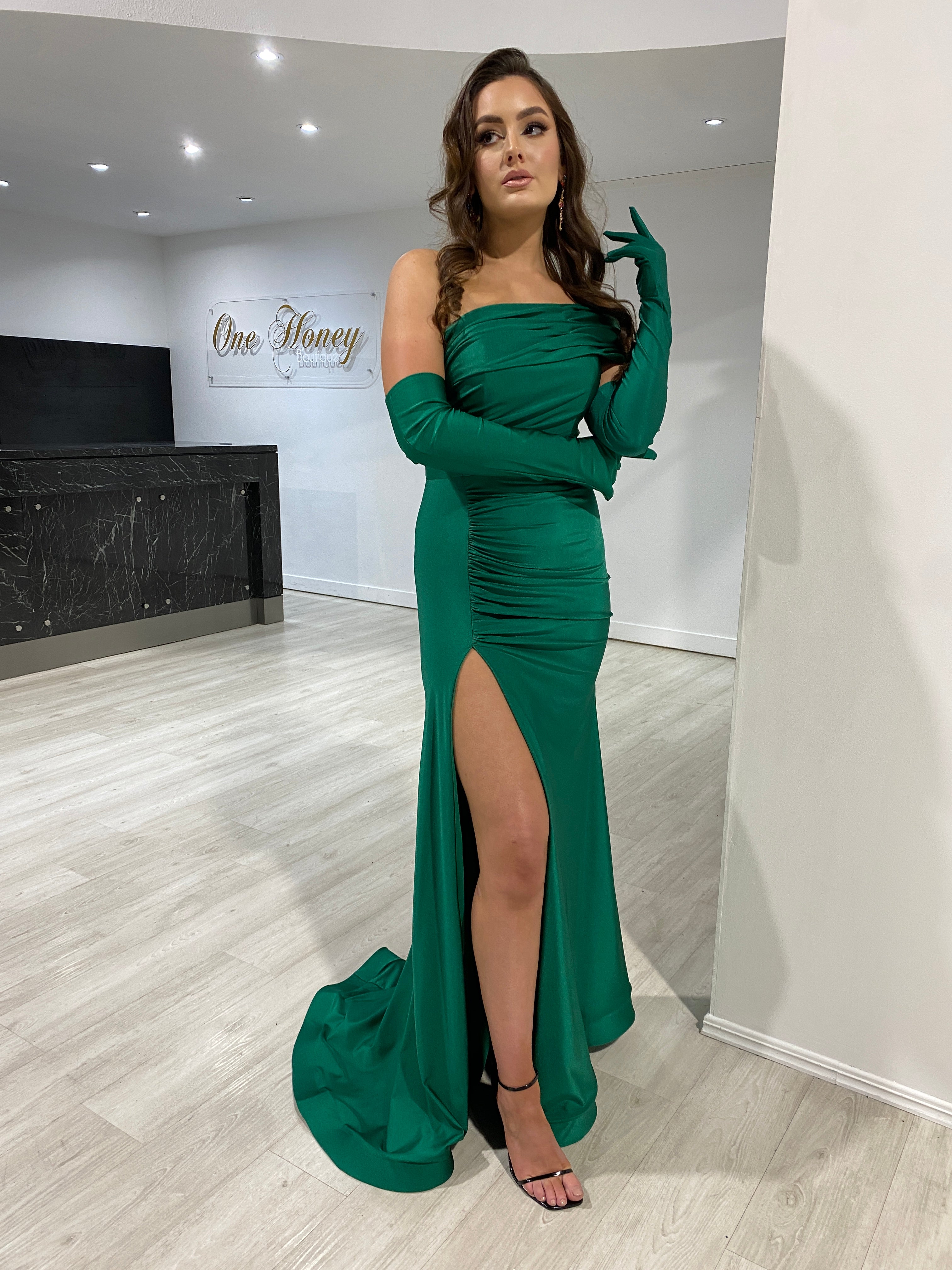 Honey Couture BALENCI-USSY Emerald Green Mermaid Formal Dress w Gloves