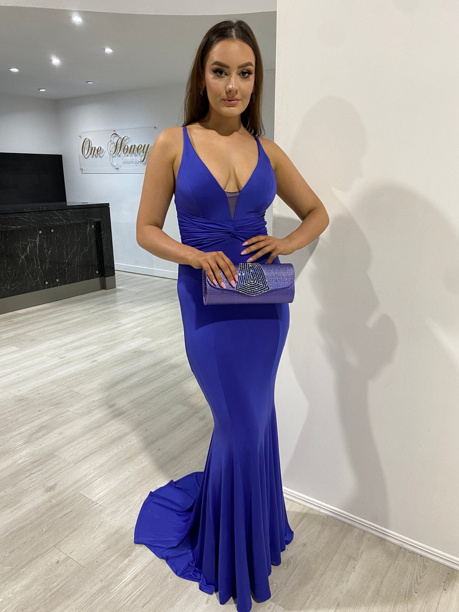 Honey Couture RILLEY Blue With a Diamanté Centre with Metallic Fabric Clutch Bag in Australia | One Honey Boutique