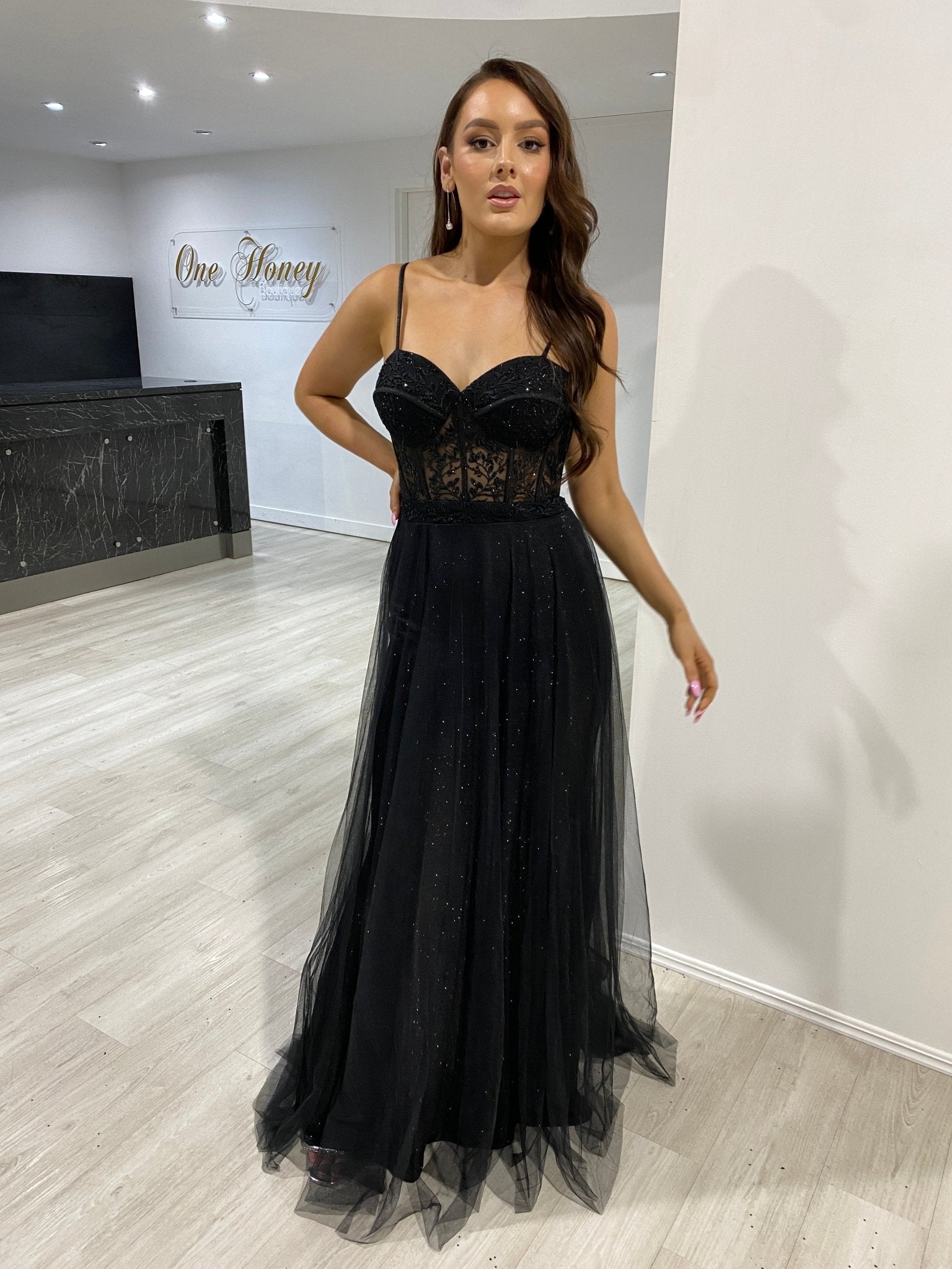Honey Couture NOELLA Black Glitter Tulle Bustier Formal Dress in Australia | One Honey Boutique