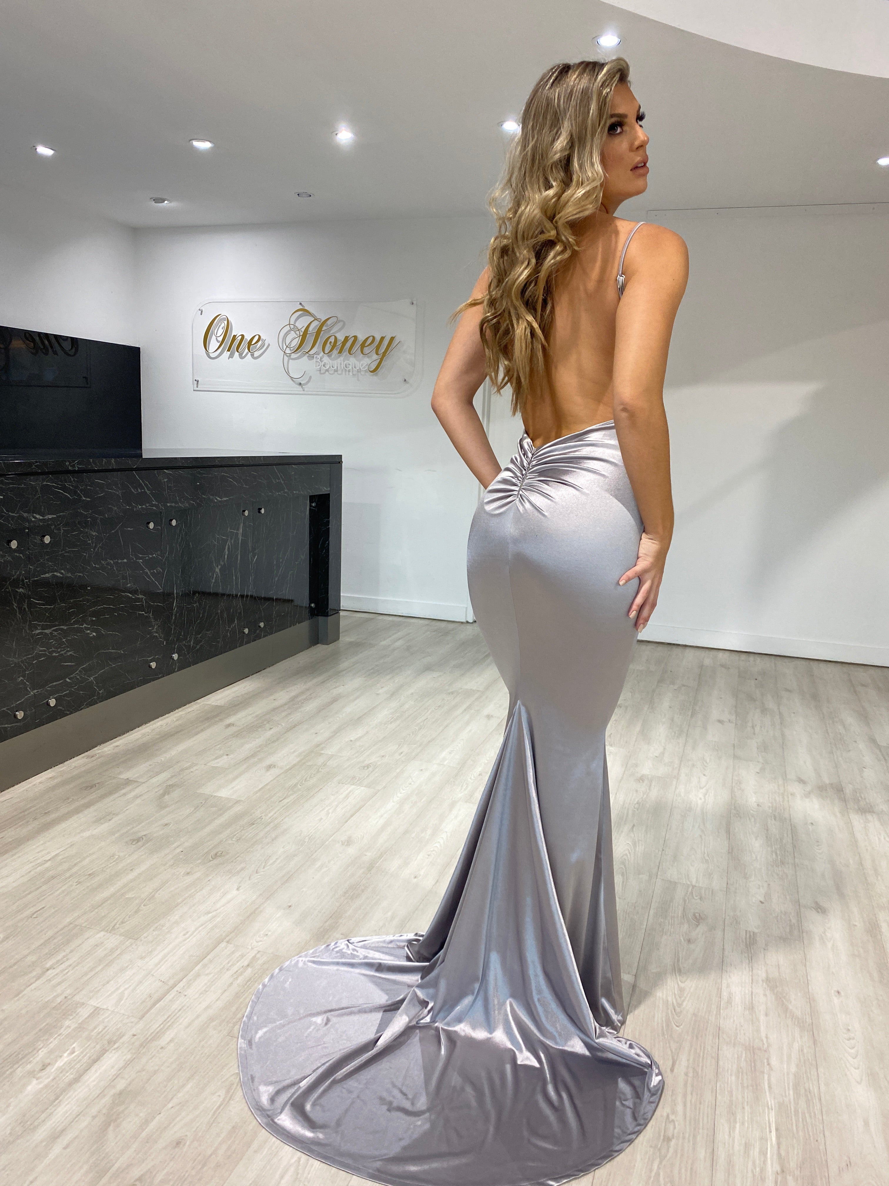 Honey Couture MILEE Silver Grey Low Back Mermaid Evening Gown Dress