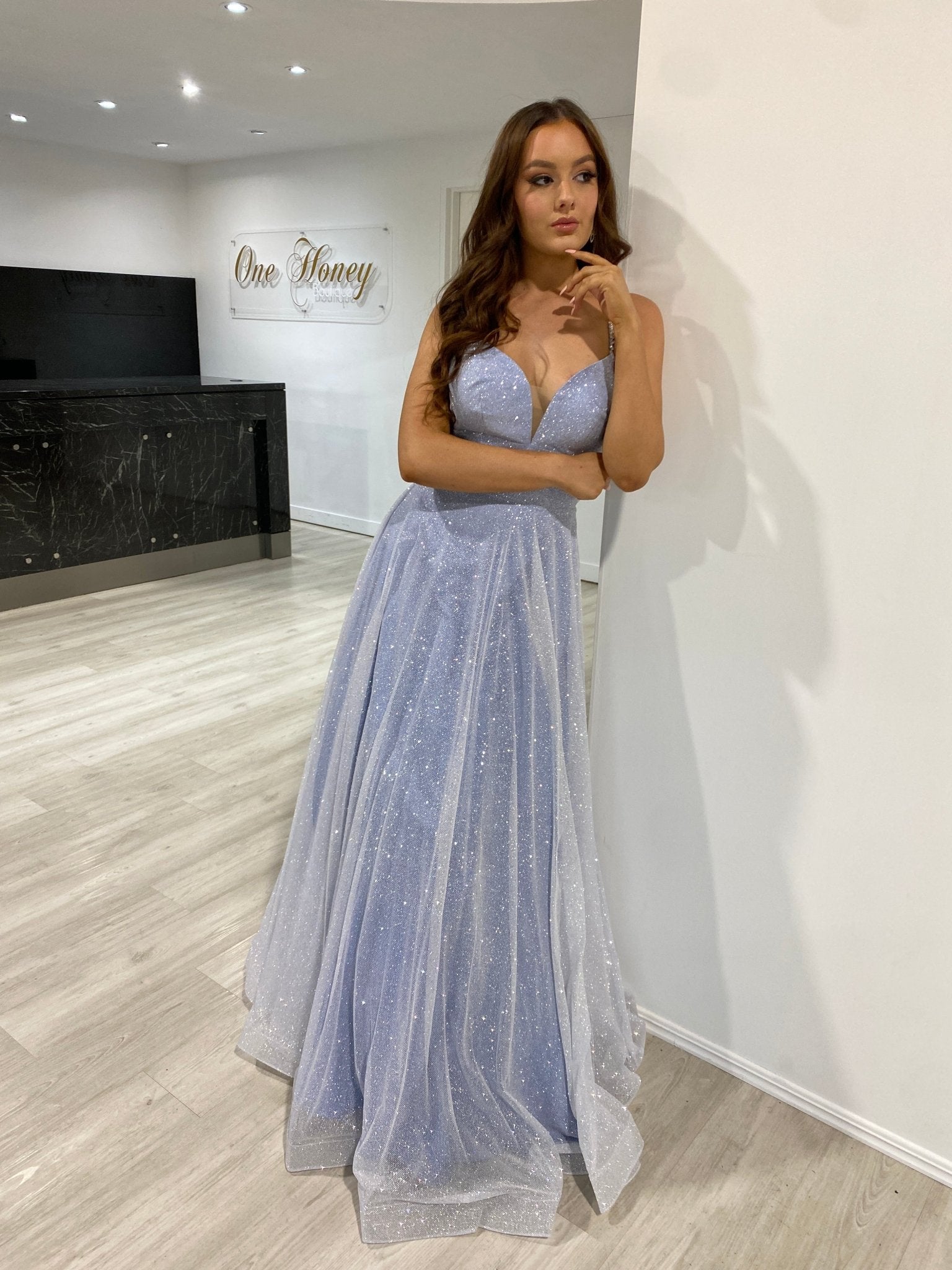 LIVIA Baby Blue Silver Glitter Ball Gown Formal Dress in Australia | One Honey Boutique