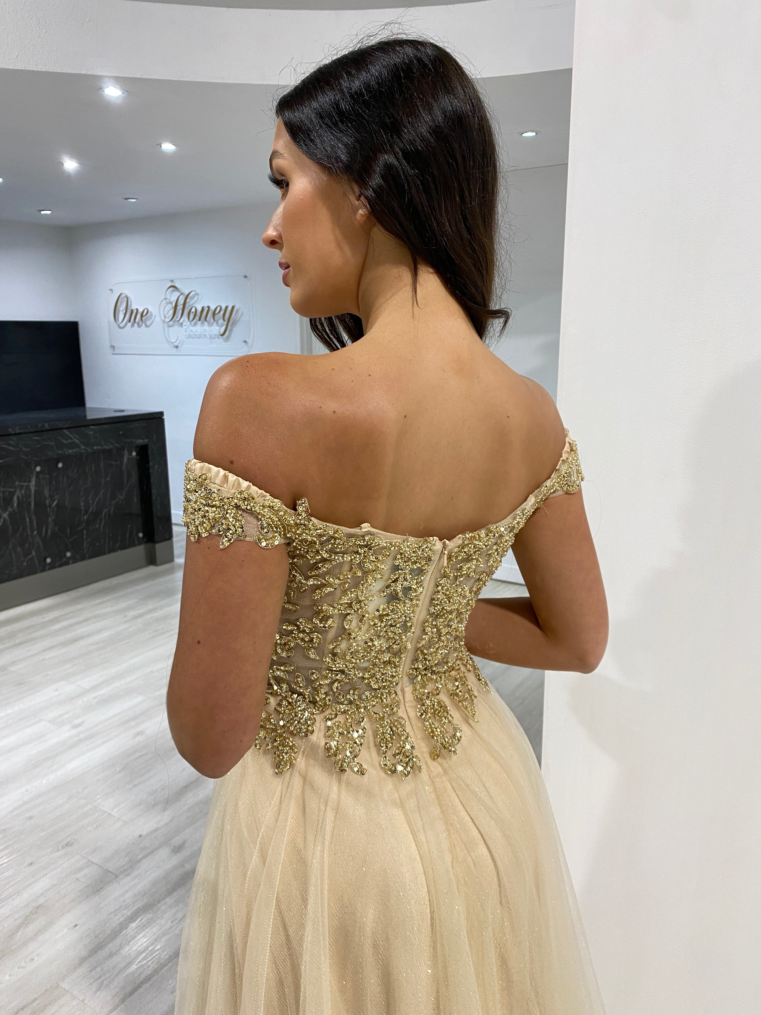Honey Couture ROSIE Champagne Gold Off Shoulder Beaded Tulle Formal Dress