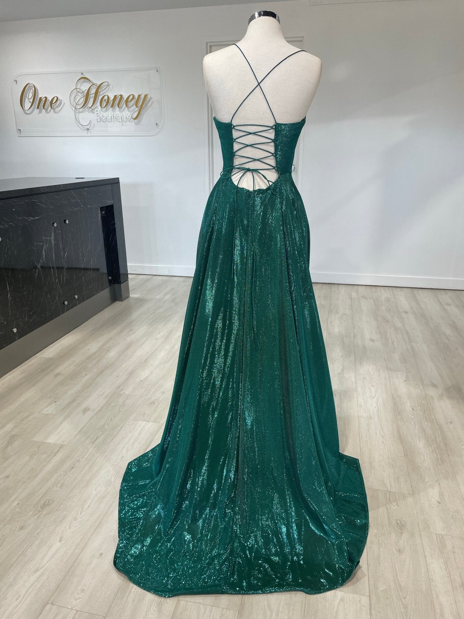 Honey Couture KYLA Emerald Green Shimmer Lace Up Back Formal Gown Dress in Australia | One Honey Boutique