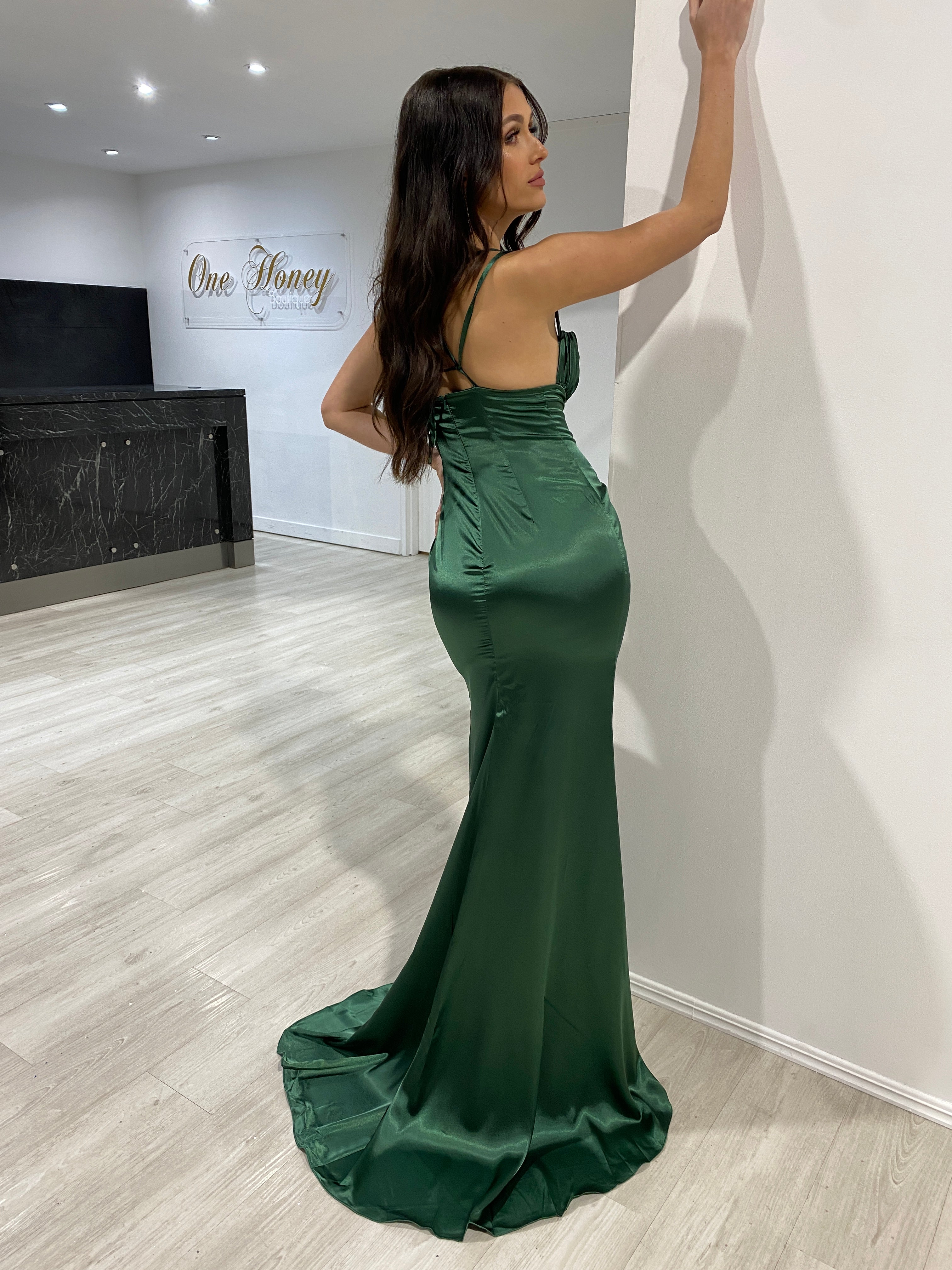 Honey Couture JENNA Emerald Green Silky Mermaid Gown