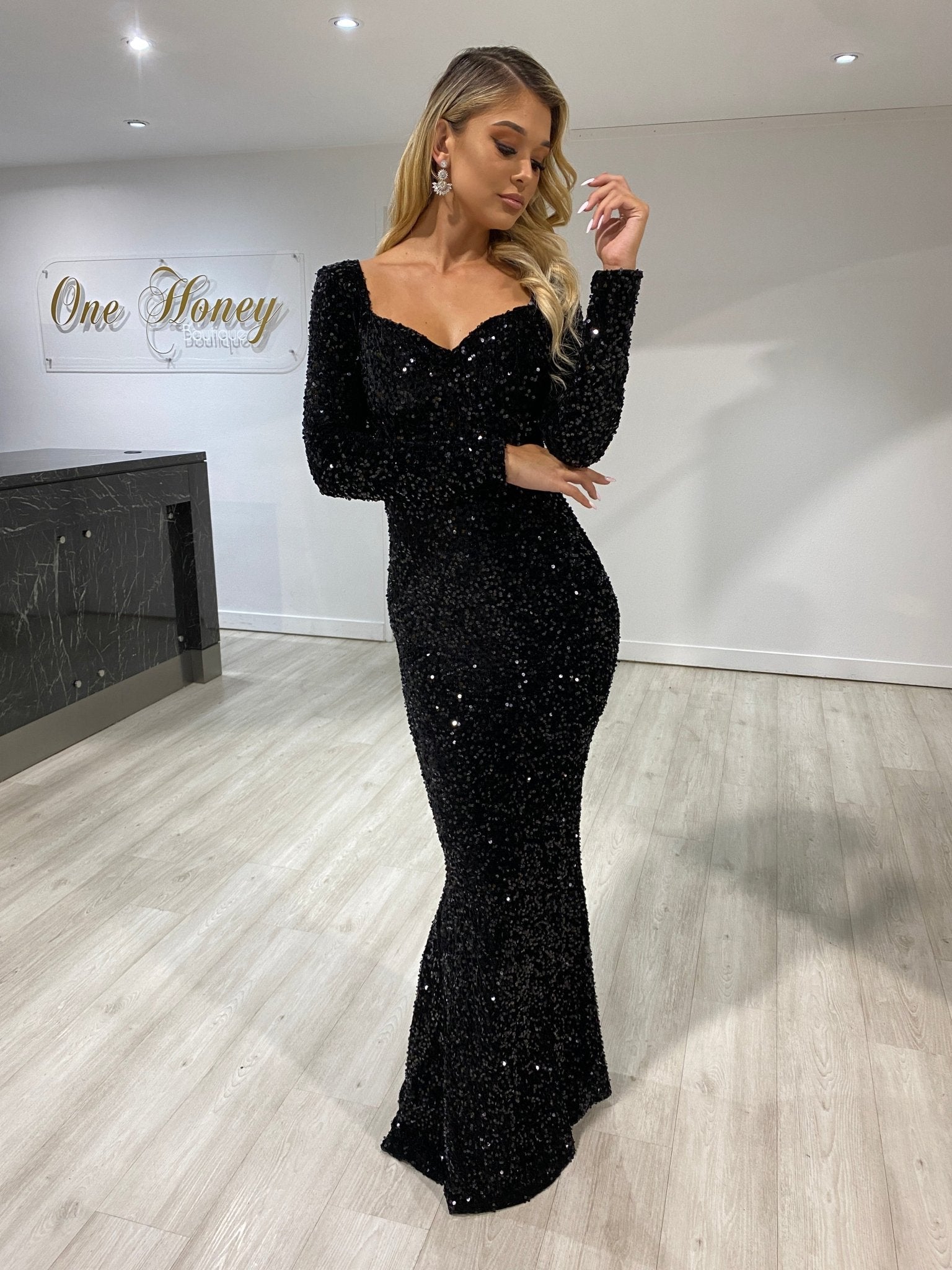 Honey Couture ALISON Black Sequin Long Sleeve Formal Dress in Australia | One Honey Boutique