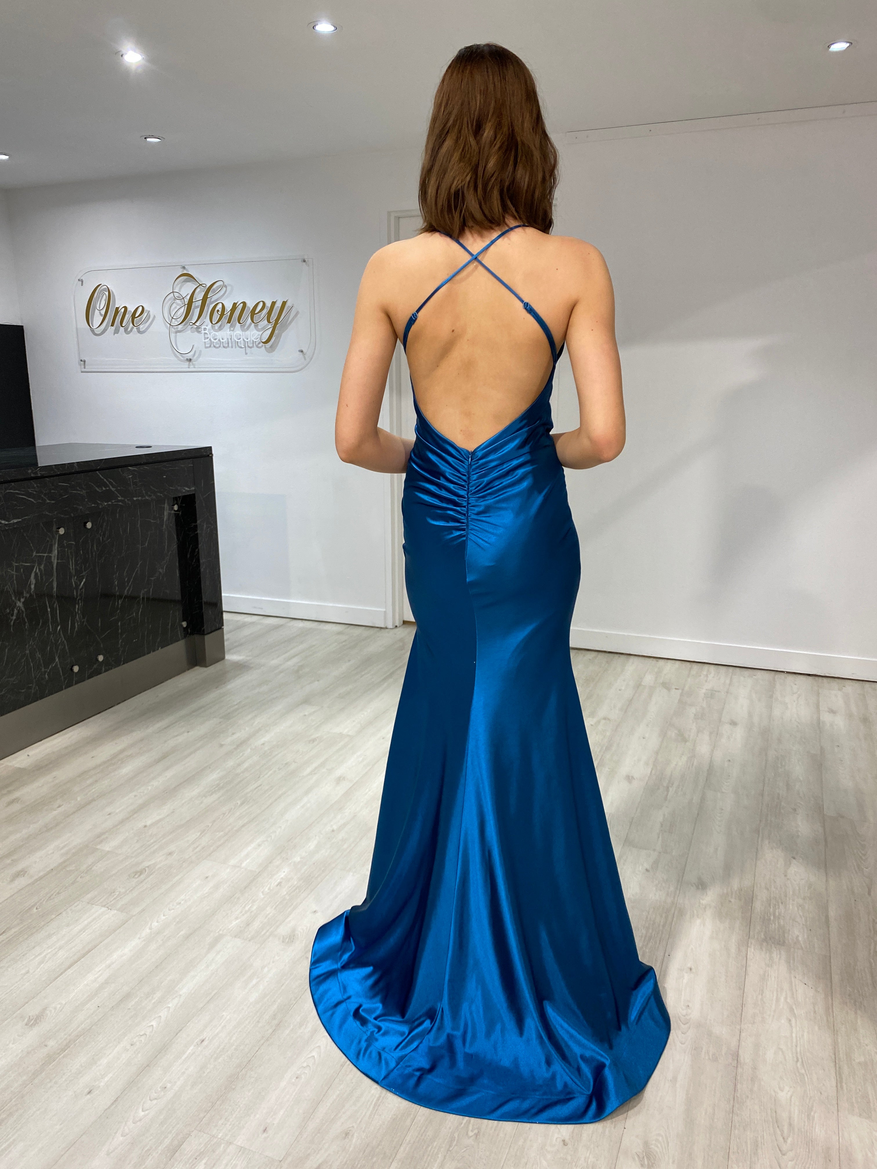 Honey Couture COCO Peacock Low Back Bum Ruching Mermaid Formal Dress