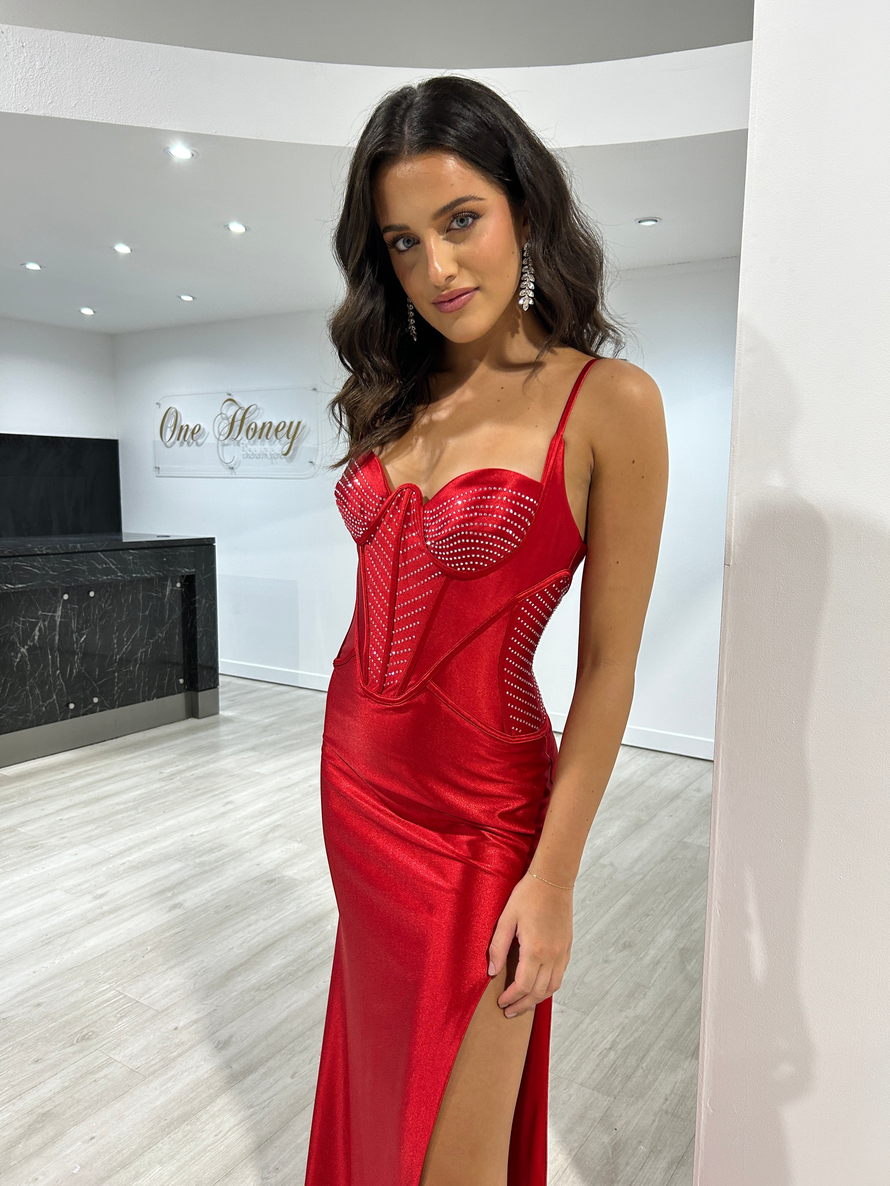 Honey Couture FALLON Red Satin Diamanté Detail Corset Bustier Mermaid Formal Dress
