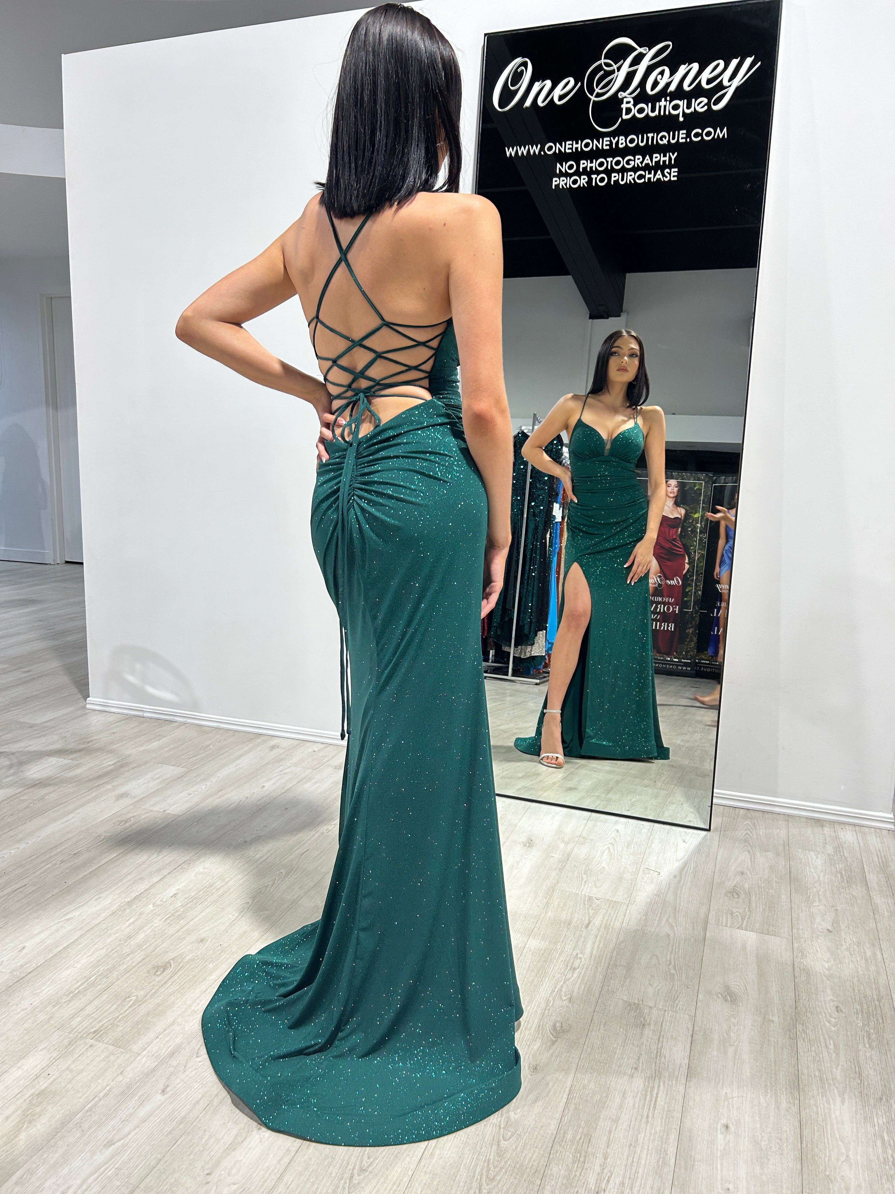 Honey Couture MISTELLA Emerald Green Crystal Feature Mermaid Formal Gown